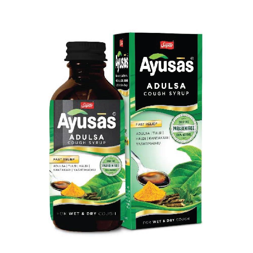 AYUSAS AYUSAS Sapat Adulsa Cough Syrup, Paraben Free, Child Safe, Triple-action formula,100% Natural for Wet and Dry Cough, (200 ml) (Pack of 2)