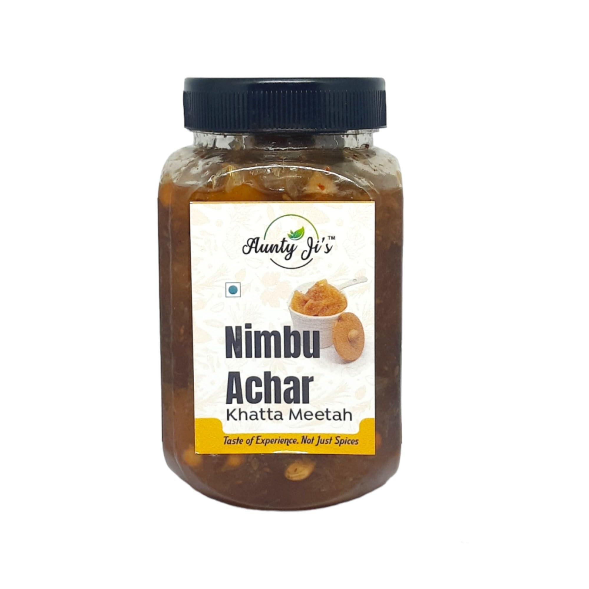 Aunty Ji\'s Aunty Ji\'s Khatta Meetha Nimbu Achar With Unique Taste and Aroma | 350 Grams Lemon Pickle | Preservative Free Good For Digestion | Goes Well With Your Parathas, Rice Etc; Enjoy Anytime