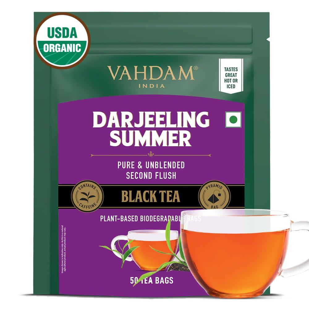 VAHDAM VAHDAM, Organic Darjeeling Black Tea Bags (50 Count) High Caffeine, Non-GMO, Gluten-Free | Strong, Robust & Flavoury | Unblended Second Flush Darjeeling Tea Bags | Resealable Ziplock Pouch