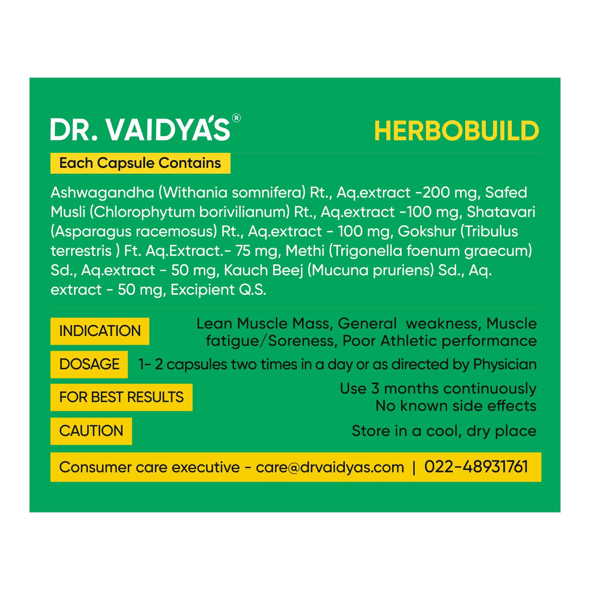 Dr. Vaidya's Dr. Vaidya\'s Herbobuild Capsules | Ayurvedic Muscle & Mass Gainer For Enhanced Stamina & Peak Fitness | (30 Capsules Each) Pack of 4