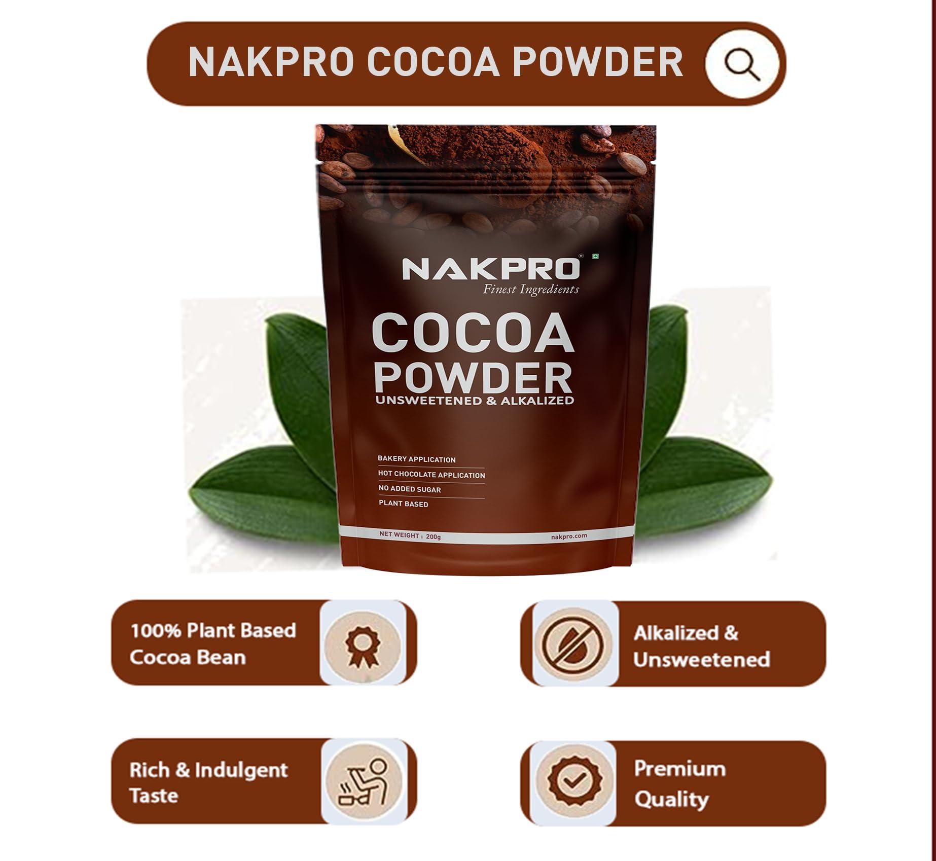 NAKPRO NAKPRO 100% Pure & Natural Unsweetened Plant Based Cocoa Powder, 200g | 22.5g Protein | Ideal for Cake, Baking, Hot Chocolate, Milkshakes & More
