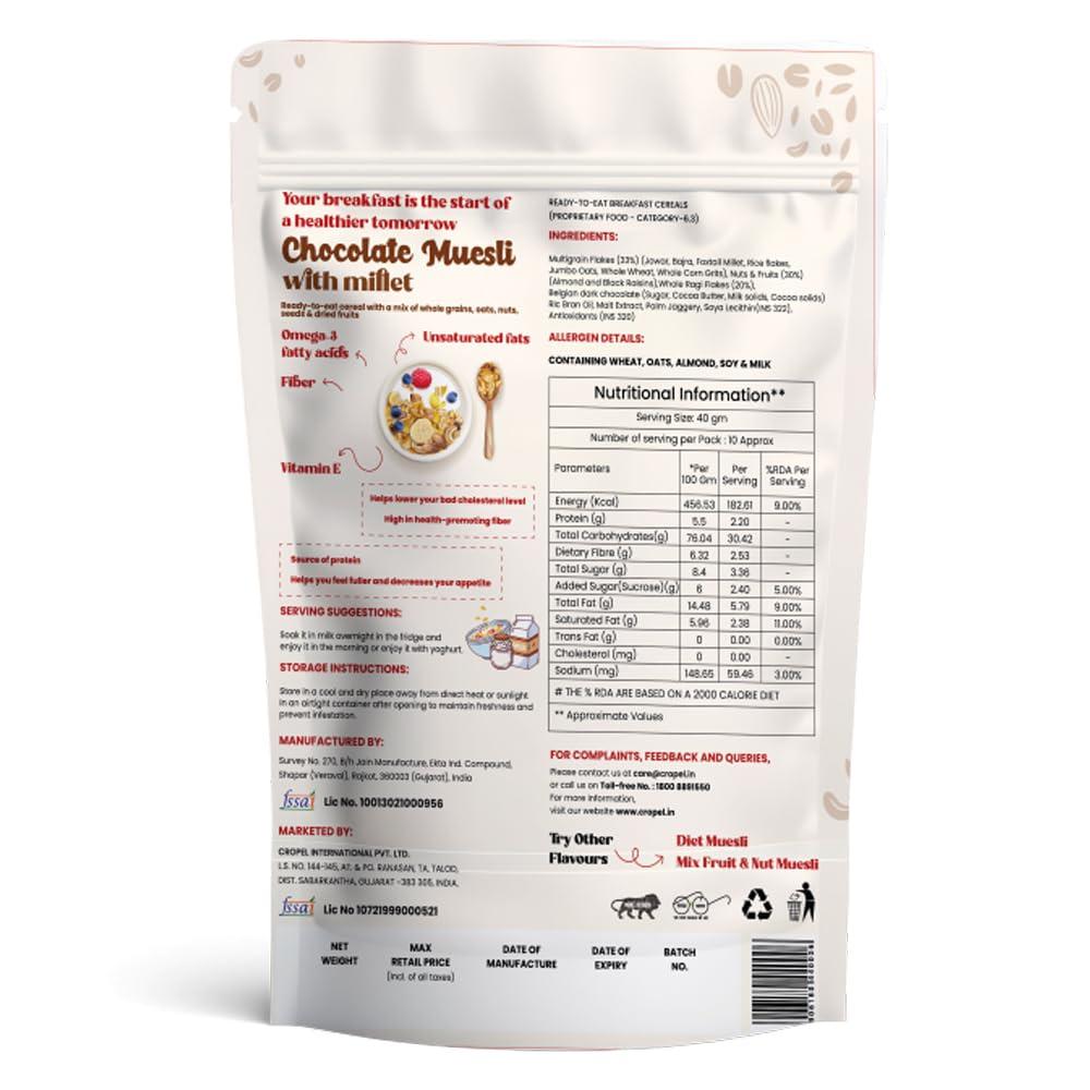 Beanut Beanut Chocolate Muesli with Millet 400g | Power Breakfast | Protein Snack | High Fiber Food | Breakfast Cereal | Source of Protein & Fibre, Multigrain Breakfast