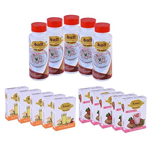 Kesari Kesari Milk Masala 100 gm,Strawberry Mix Milk Masala 100 gm, and Buttermilk Chaach Masala 150 gm. Combo, Pack of 5 Each