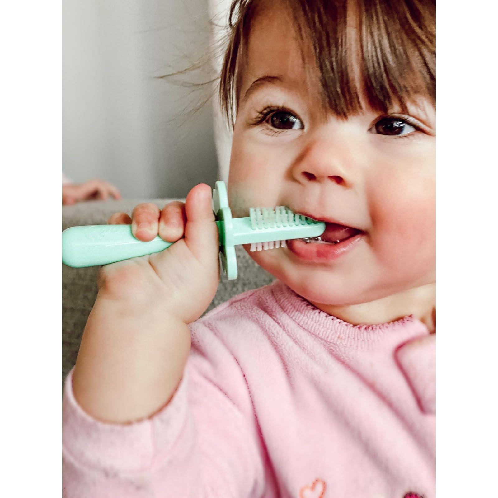 grabease Grabease Double Sided Toothbrush Baby Toothbrush for 6 Months to 4 Years Old with Soft Bristles BPA-Free Toddler Toothbrush with Anti-Choke Guard Includes Free Finger Brush, Grey