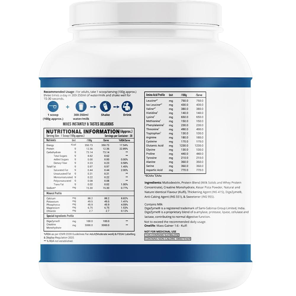 OneLife Onelife Mega Mass Gainer XL | 1050 Calories/day, 219 Carbs/day, 36g/day Protein, Vitamins & Minerals I For Lean Mass & Muscle Gain I No Added Sugar, Powered with Digezyme I Kulfi Flavour 3kg
