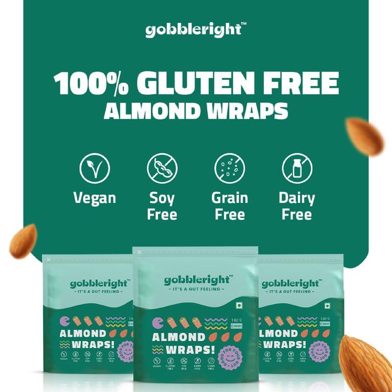 GOBBLERIGHT gobbleright Gluten Free Tortila Almond Wraps - Pack of 3 (18 Wraps)/Gluten Free, Vegan, Dairy Free, Soya Free, Grain Free/Best for Burrito, Wraps, Tortilas, Tacos, Shawarmas and Rolls