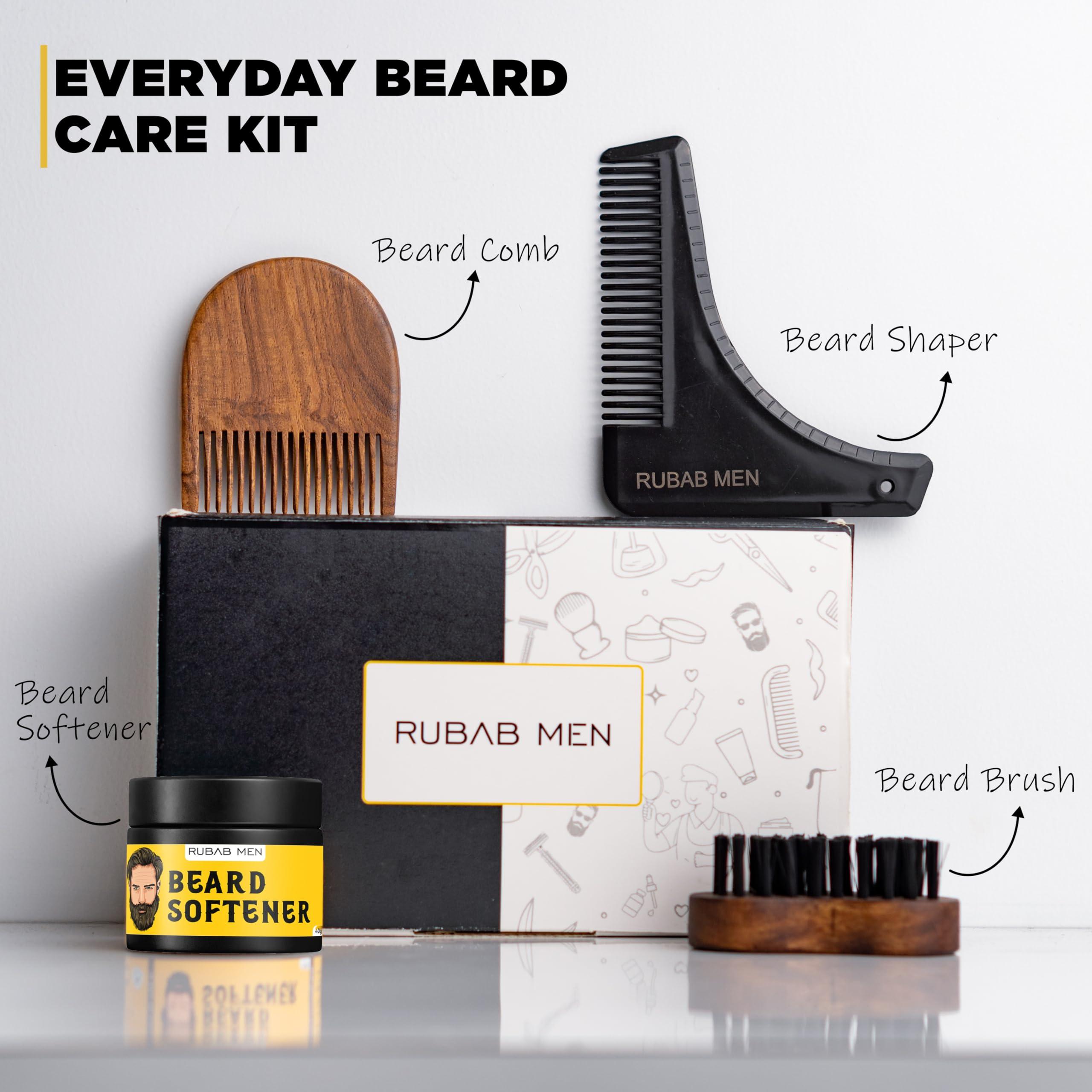 RUBAB MEN RUBAB MEN Beard Grooming 4-in-1 Kit for Men | Beard Brush, Hair & Beard Softener Balm, Wooden Beard Shaper Tool & Wooden Beard Comb for Men | Pack of 4