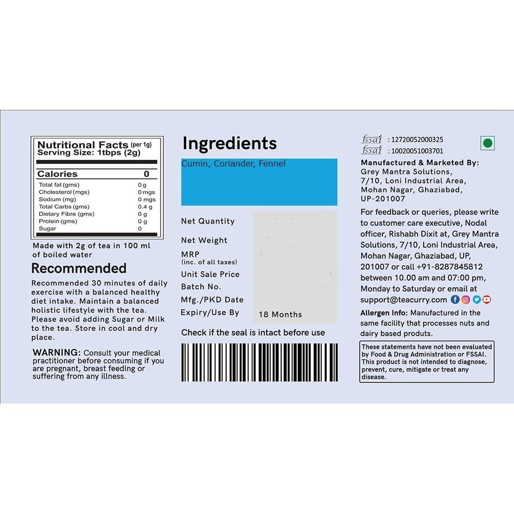 TEACURRY TEACURRY CCF Tea (100Grams,200Cups) - Cumin Coriander Fennel Tea for Migraine, Headaches, Digestive Health - CCF From Spain