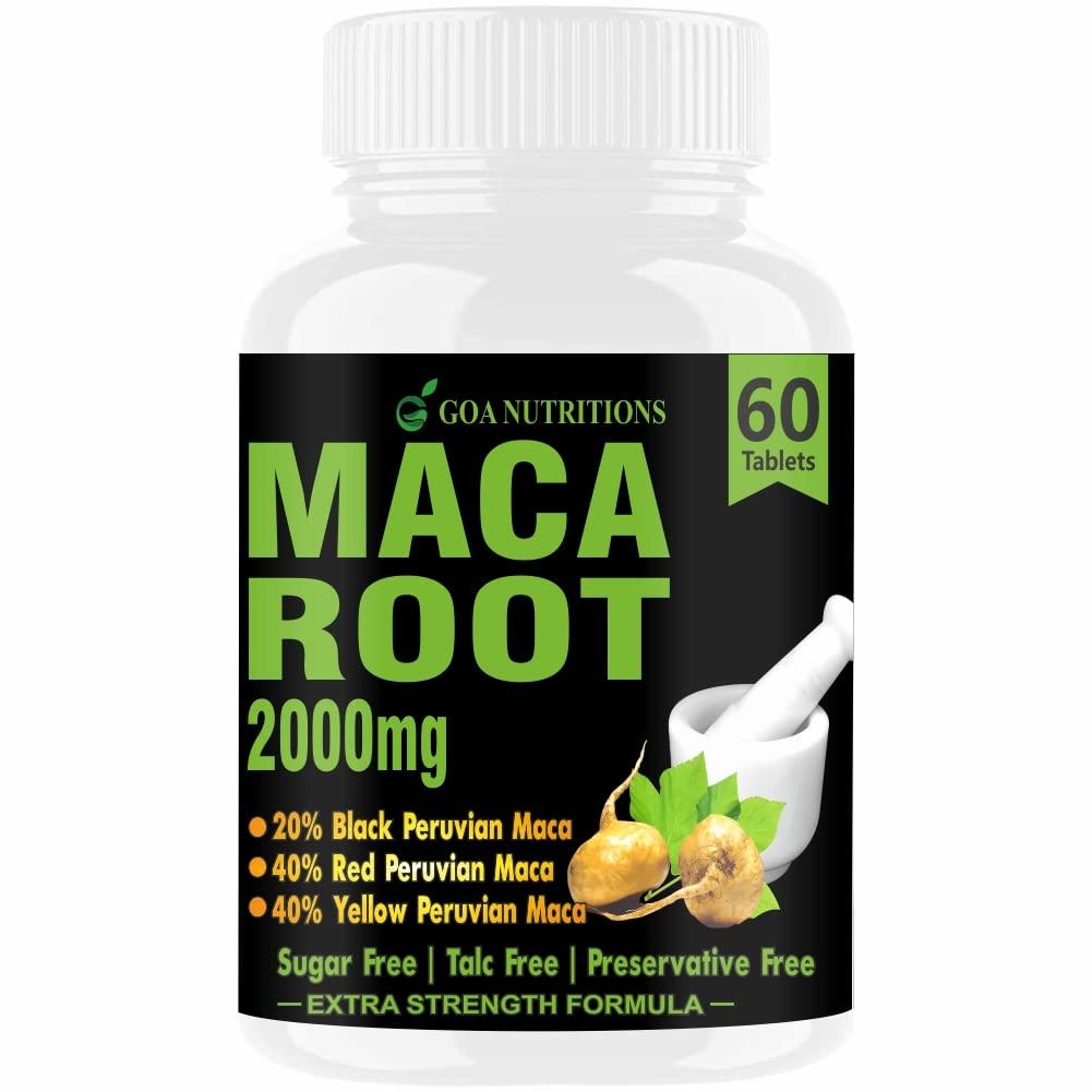 GOA NUTRITIONS GOA NUTRITIONS Maca Root Extract Adaptogen Complex Red, Black and Yellow Grade, As Dietary Supplement, No Sugar, Preservatives, And Talc -60 Tablets (Pack 1)