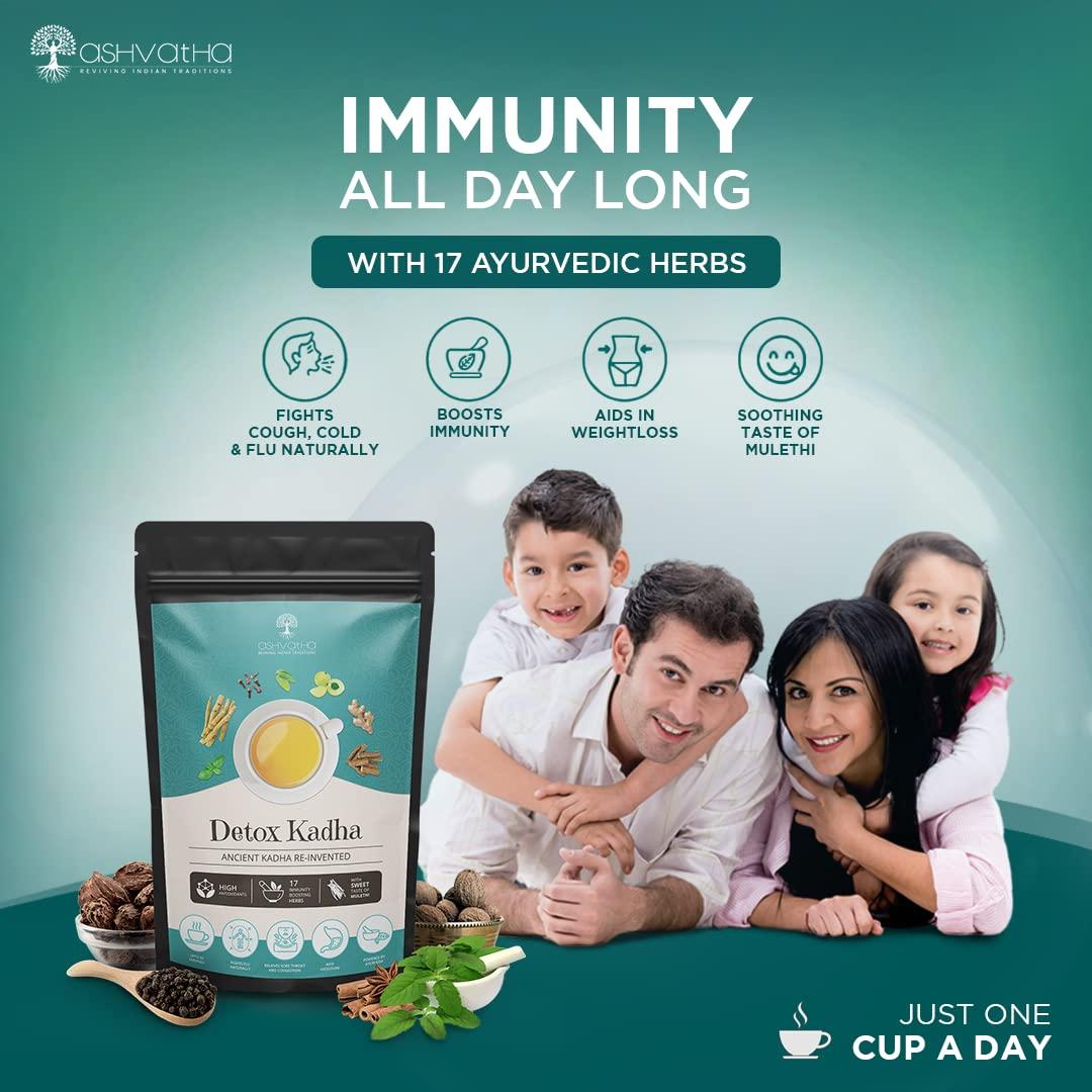Ashvatha Ashvatha Detox Kadha - Ayush Kadha Tea I 17 Premium Ayurvedic Herbs I Ayush Kwath with Ashwagandha Tulsi Ginger Amla Mulethi I Immunity Booster I 100g (Pack of 1)