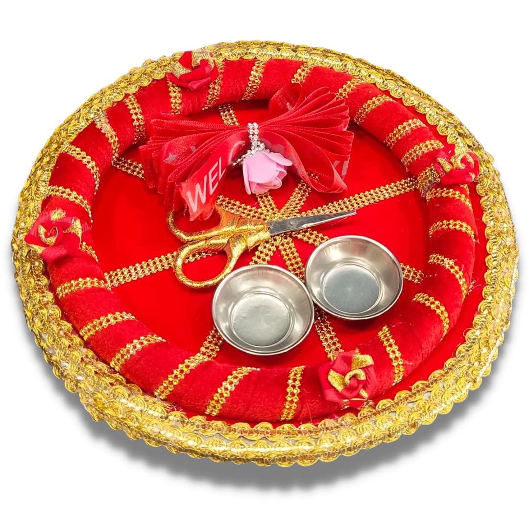 Unique Palette Unique Palette Welcome Ribbon Cutting Tray | Puja Thali for Wedding | Welcome Platter with Ribbon | Wedding Tray