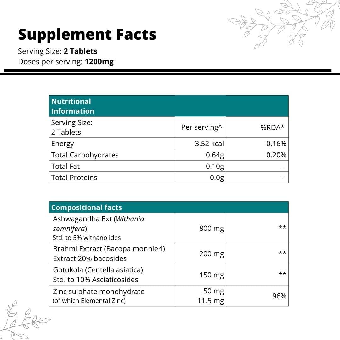 The Quin Co. The Quin Co. \'De-Stress\' - New Age Ashwagandha tablets with Nootropics | 5% Withanolides | Stress Relief & Anxiety | -1200 MG/Serving | Plant Based - 60 Veg tablets