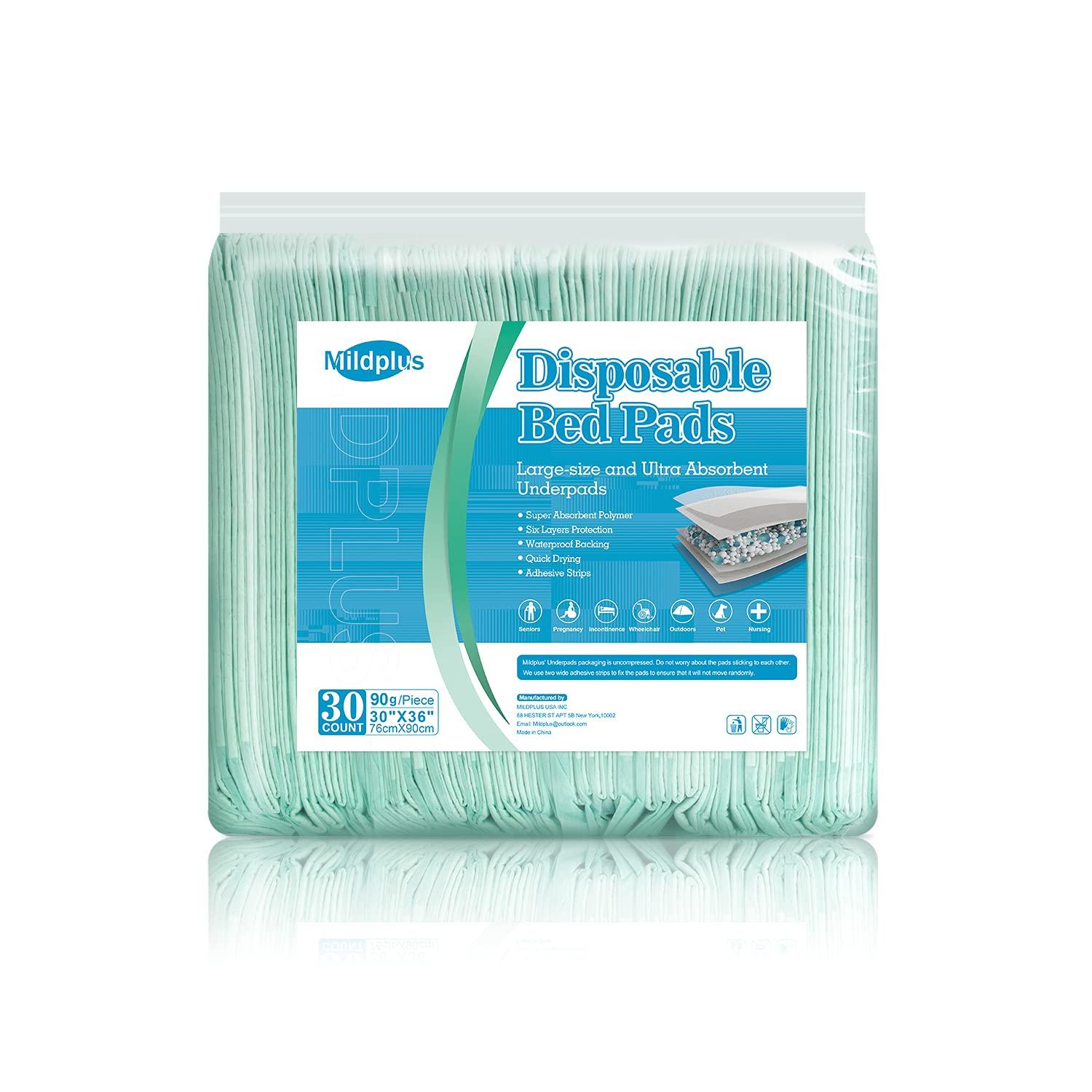 MILDPLUS MILDPLUS Bed Pads with Adhesive Strips 30\'\' X 36\'\' Disposable Underpads Extra Large Thicker Incontinence Pads for Unisex Adult, Senior, Kids and Pet (30 Count)