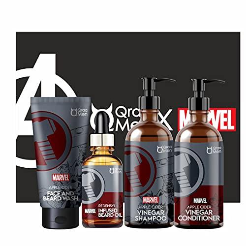 QRAA Thor Apple Cider Vinegar Grooming Kit for Men | Apple Cider Vinegar Shampoo, Conditioner, Face & Beard Wash, Redensyl Infused Beard Growth Oil