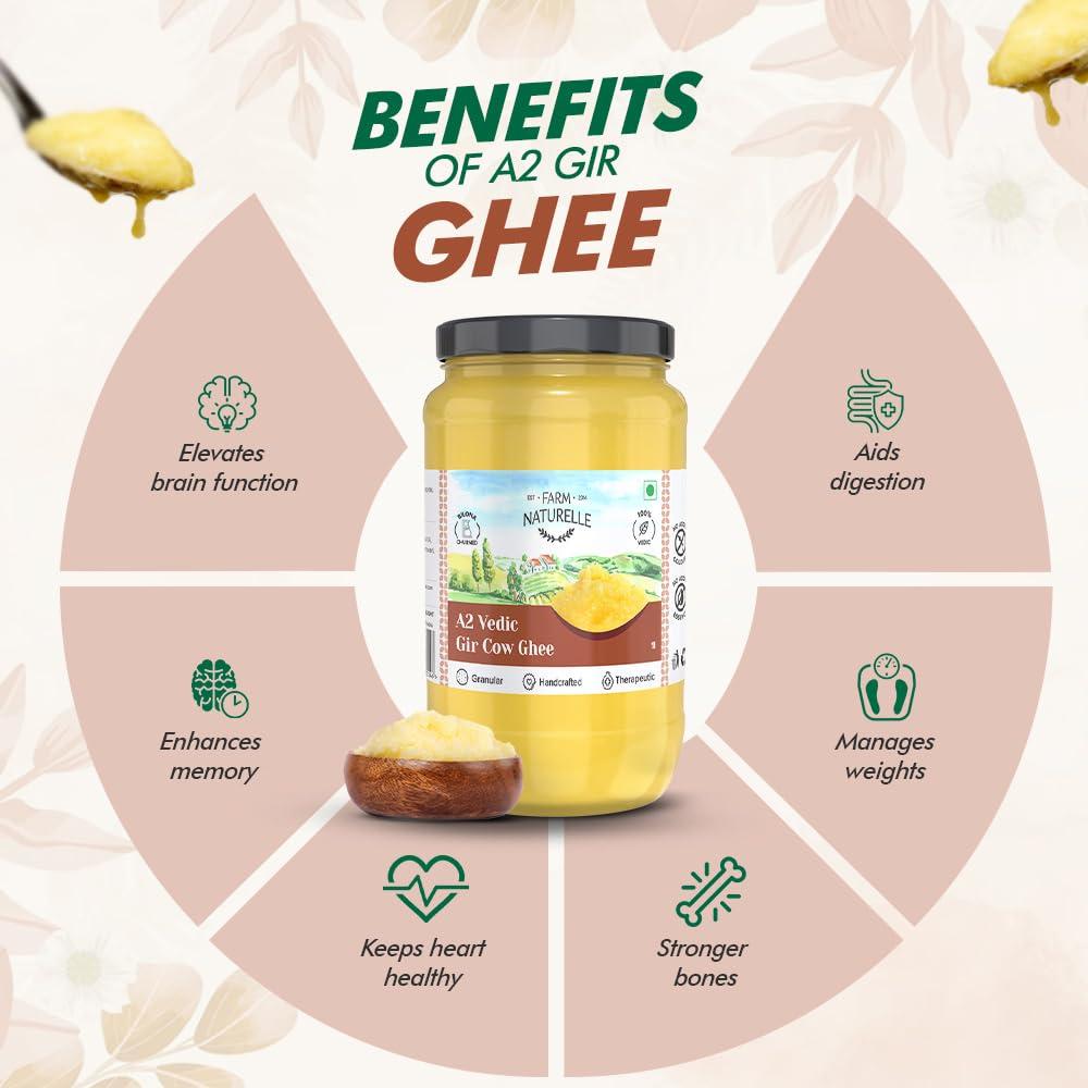 Farm Naturelle Farm Naturelle A2 Pure Gir Cow Ghee 500ml + 50ml Extra In Glass Bottle | Extra Wooden Spoon | 100% Desi Gir Cow Ghee | Vedic Bilona Method-Curd Churned-Golden | Lab Tested Grainy & Aromatic, Keto Friendly | Non-GMO Grassfed, Premium & Traditional Ghe