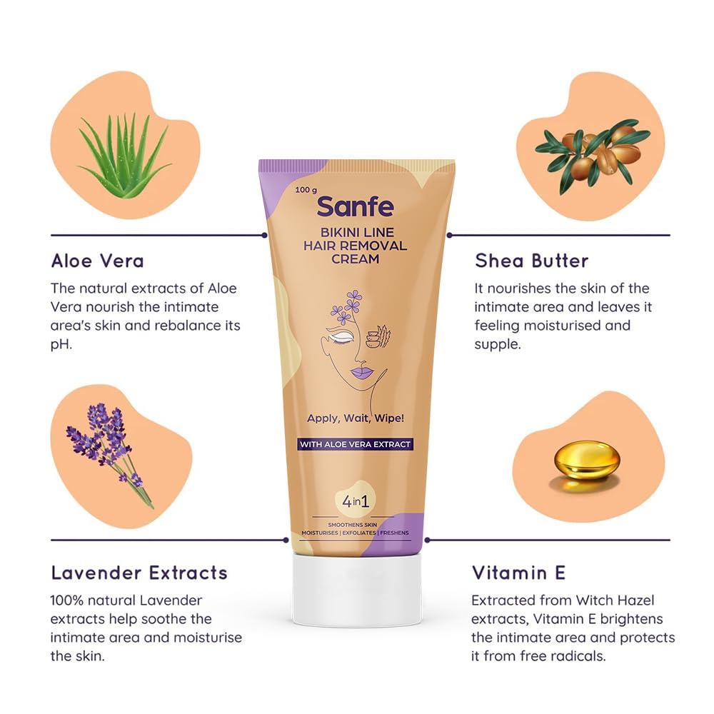 Sanfe Sanfe Bikini Line Hair Removal Cream WIth Aloe Vera Extract Perfect for Legs, Underarms, Bikini Line, Arms | 3x Longer Lasting Smoothness than Razors | With No Bad Smell - 100 Gram (Pack Of 2)