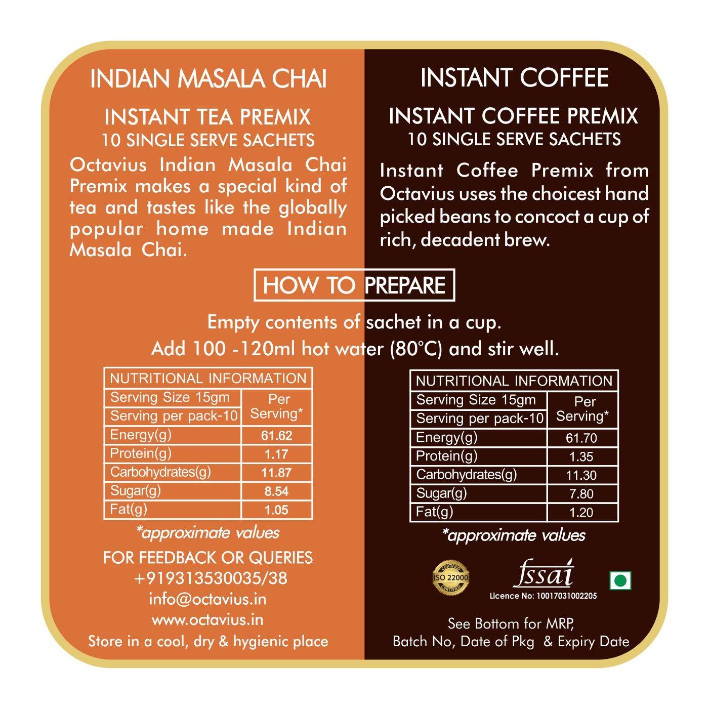 Octavius Octavius | Indian Masala & Coffee 2 in 1 Premix Tea & Coffee -50 Pouches | Economy Pack | Readymade Tea Mix | Ready Tea & Coffee | Premix Tea Powder | Instant Tea | Tea Premix | Economy Pack -(15Gm X 50 Sachets)