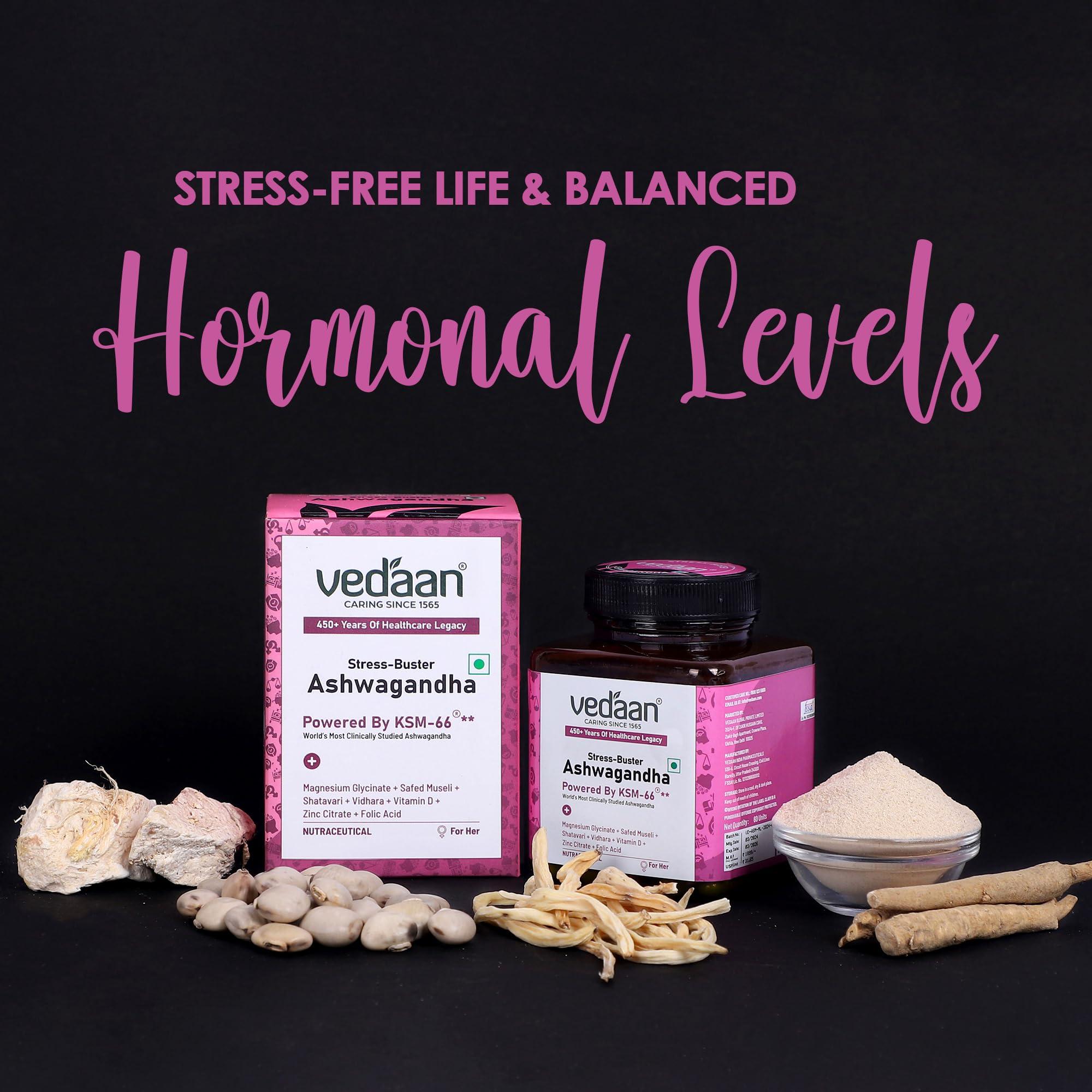 Vedaan Vedaan KSM-66 Ashwagandha for Women - Energy, Stress Relief & Sleep Improvement | Formula for Mood, Focus & Immune Support | Assistance in Hormonal Support - 60 Capsules Pack