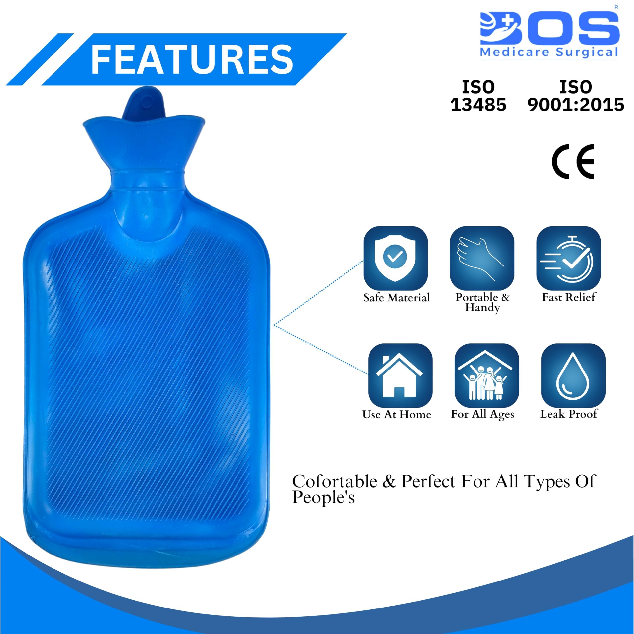 BOS MEDICARE SURGICAL Bos Medicare Surgical Hot Water Bag 2L Reusable Pain Relief, Sport Injuries Cramps & Relaxation for Aches Portable Fishtail Design Blue color