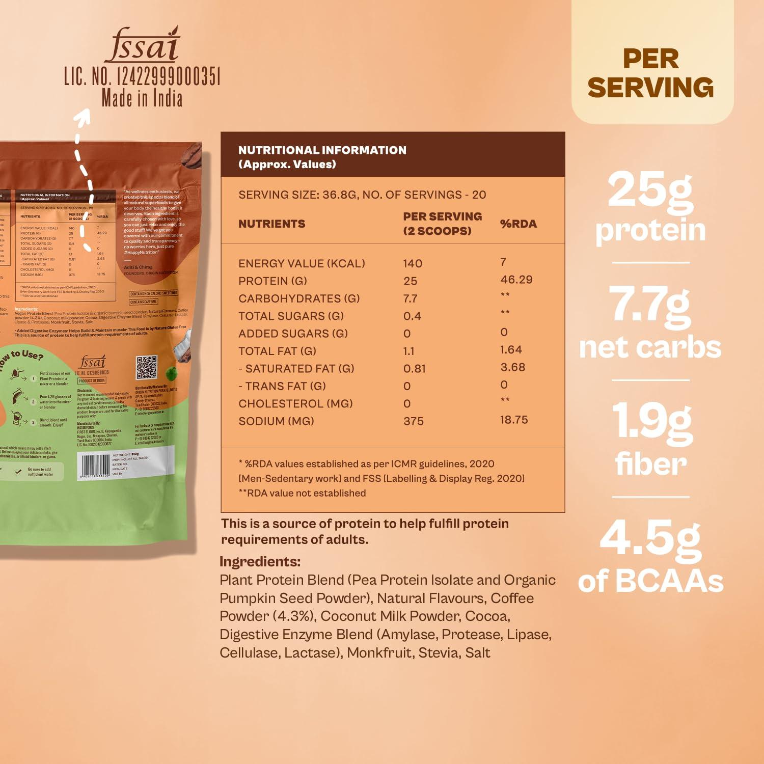 ORIGIN NUTRITION Origin Nutrition 100% Natural Vegan Protein Powder (European Pea Protein Isolate & Pumpkin Seed Protein) Easy to Digest Filter Coffee flavour with 25g Plant Based Protein,812 g