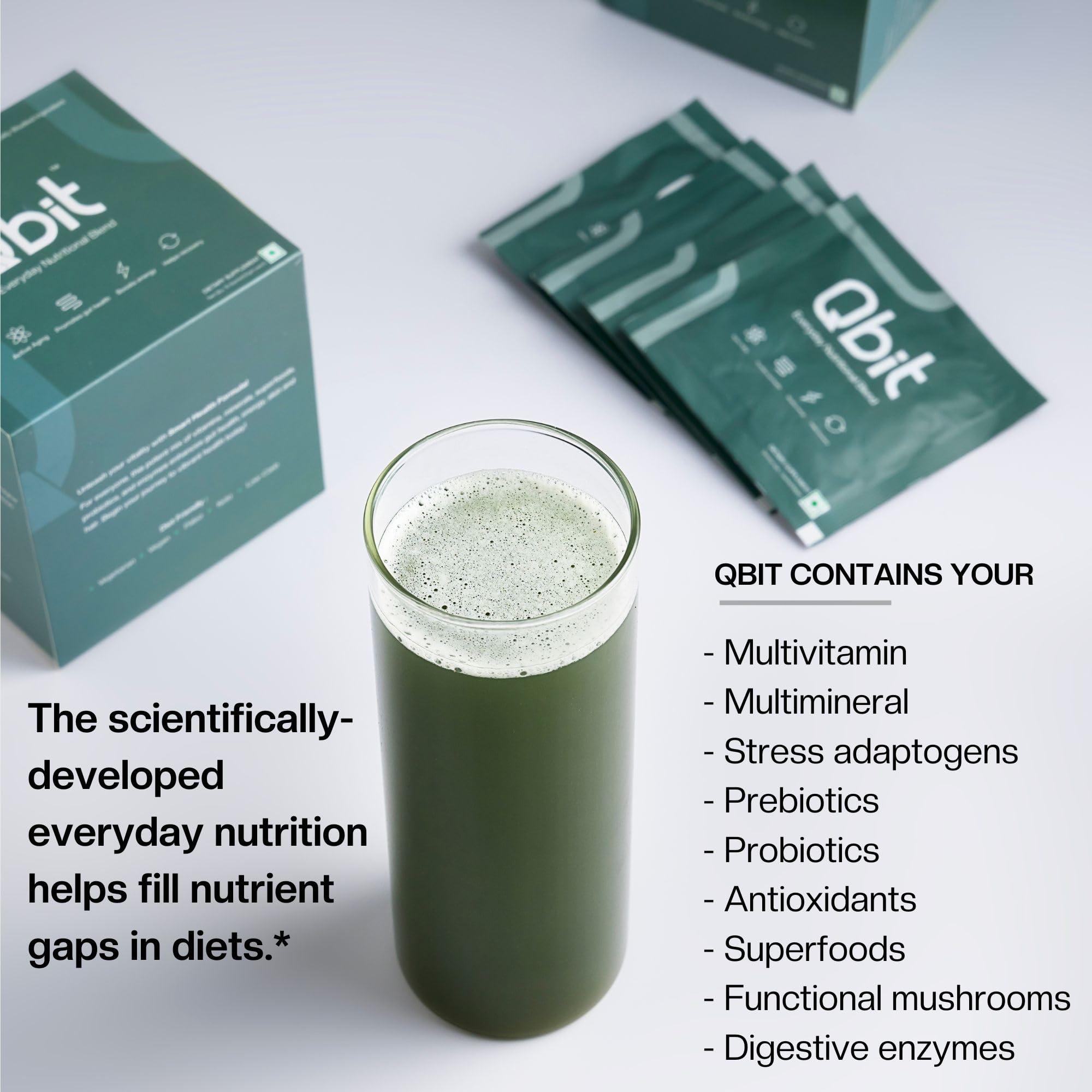 QBIT Qbit Gut Health Supplements Drink | Prebiotics | Probiotics | Plant Based | Daily Nutrition for Women and Men | Support Gut Health, Constipation, Digestion, Immunity | No Preservatives, No Color, Zero Sugar (15 Days Servings Sachets)