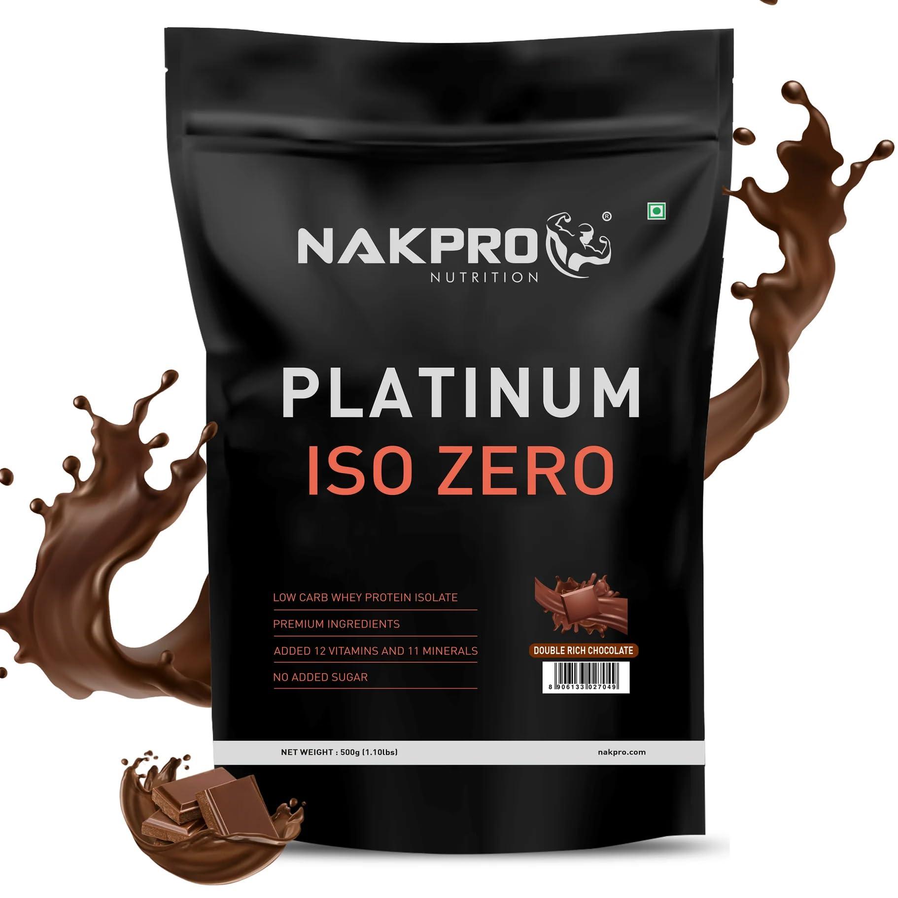 NAKPRO NAKPRO PLATINUM ISO ZERO 100% Whey Protein Isolate | Added Vitamins & Minerals | Easy Mixing, Easy Digesting Whey Protein Supplement Powder for Men, Women & Athletes (500g, Double Rich - Chocolate)