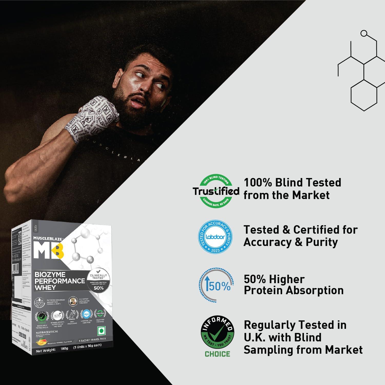 MuscleBlaze MuscleBlaze Biozyme Performance Whey Protein 5 Sachet Travel Pack (5x36g) | Magical Mango | Clinically Tested 50% Higher Protein Absorption, Informed Choice UK Certified & US Patent Published EAF