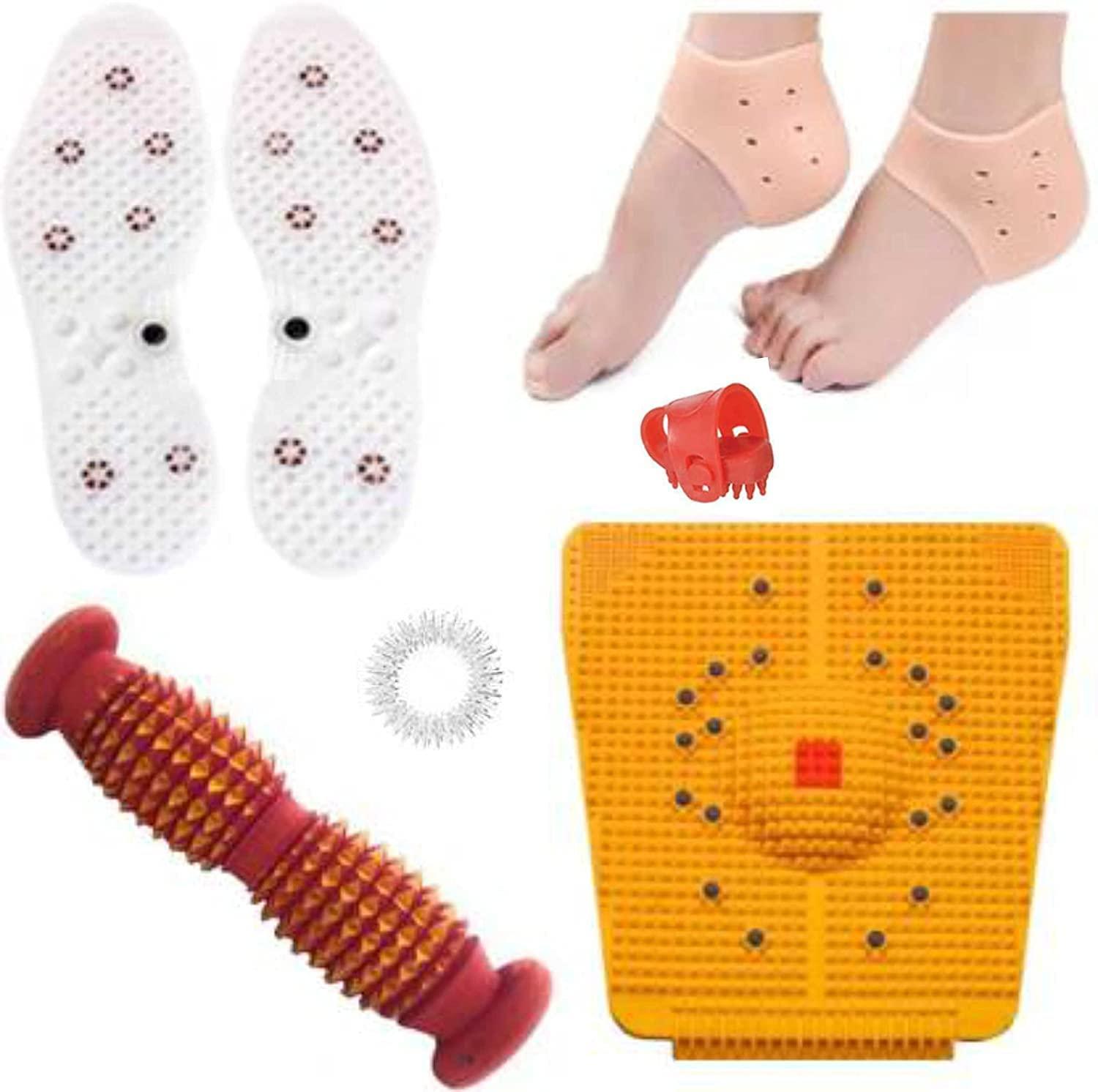 Generic Kayara Acupressure Massager Tools Combo Kit Power Foot Mat Shoe Sole Silicone Gel Anti Crack Heel Pad Socks Foot Roller Cut Wooden for Stress and Pain Relief Advance Thumb Pad Sujok Ring