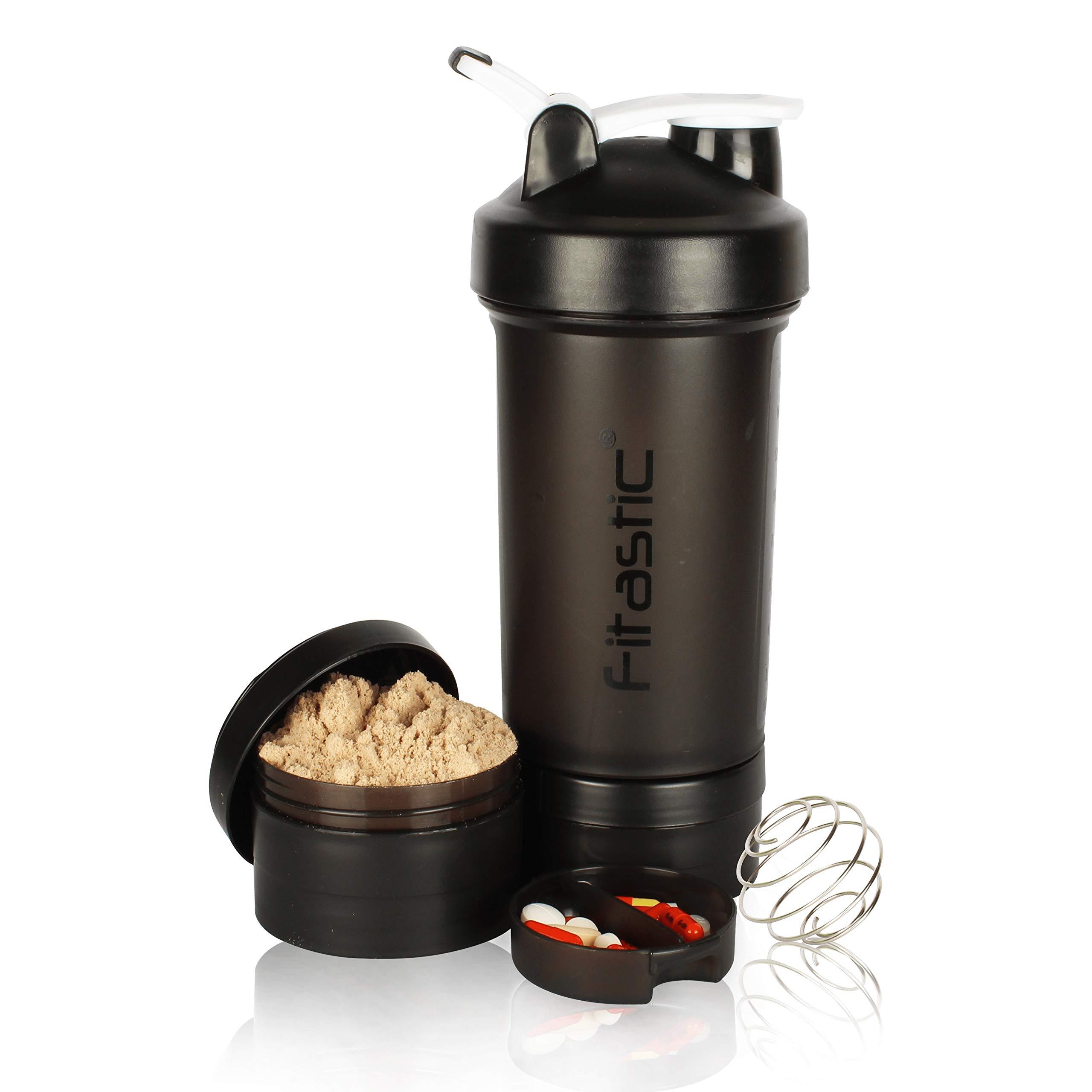 FITASTIC Fitastic ProMax Shaker Bottle 500ml with Extra Storage Compartment 100% Leakproof Guarantee, Ideal for Protein for Gym(Pack of 1, Black, Plastic)