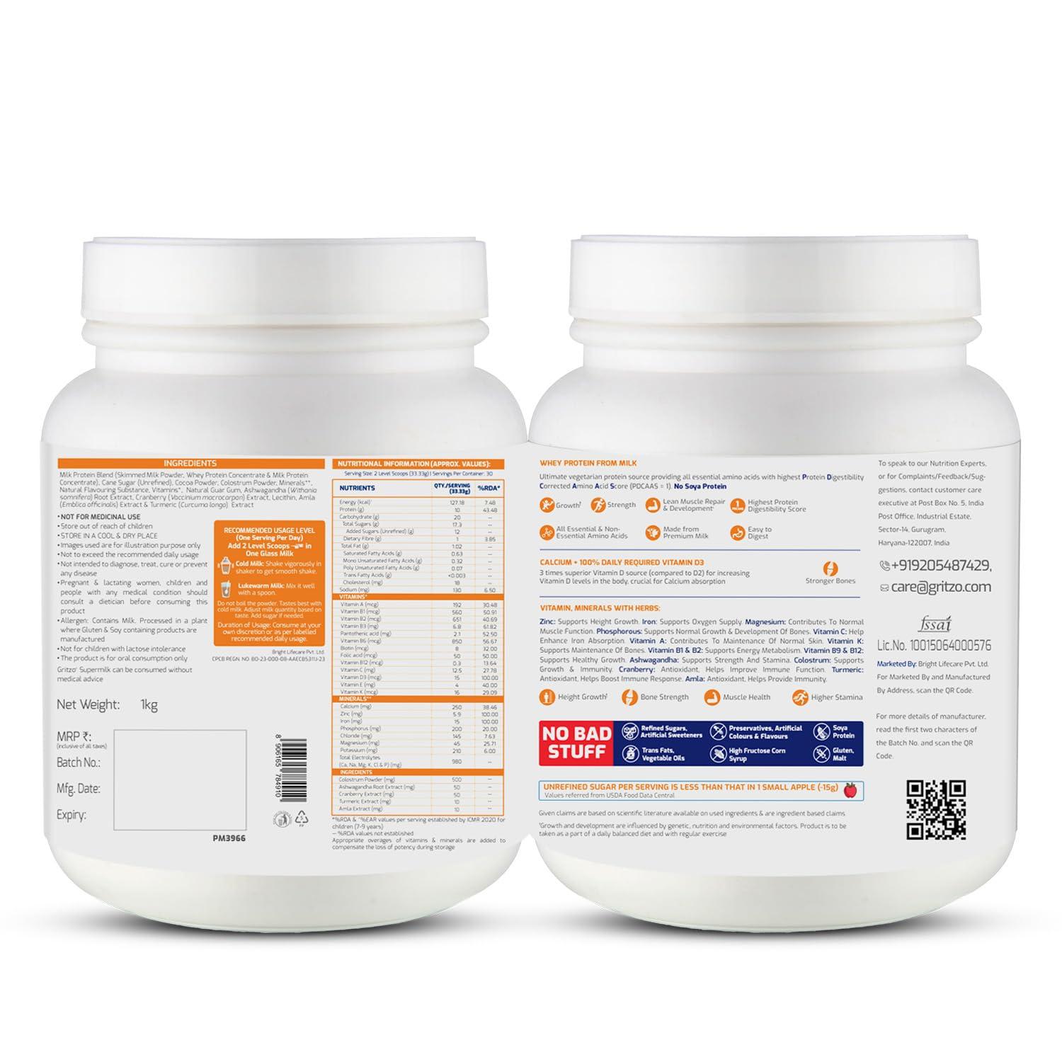 Gritzo Gritzo SuperMilk Height+ (7-12y Girls), 10g Protein Powder (Double Chocolate, 1kg) | Zero Refined Sugar, 21 Vitamins & Minerals