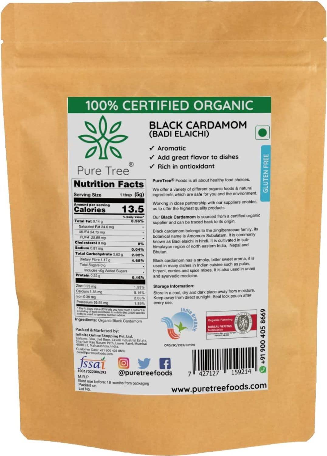 Pure Tree Pure Tree Certified Organic Black Cardamom Whole | 50 g | Badi Elaichi Indian Spice | Moti Elaichi Organic Adds Aroma and Flavour | Cardamom Elaichi Whole