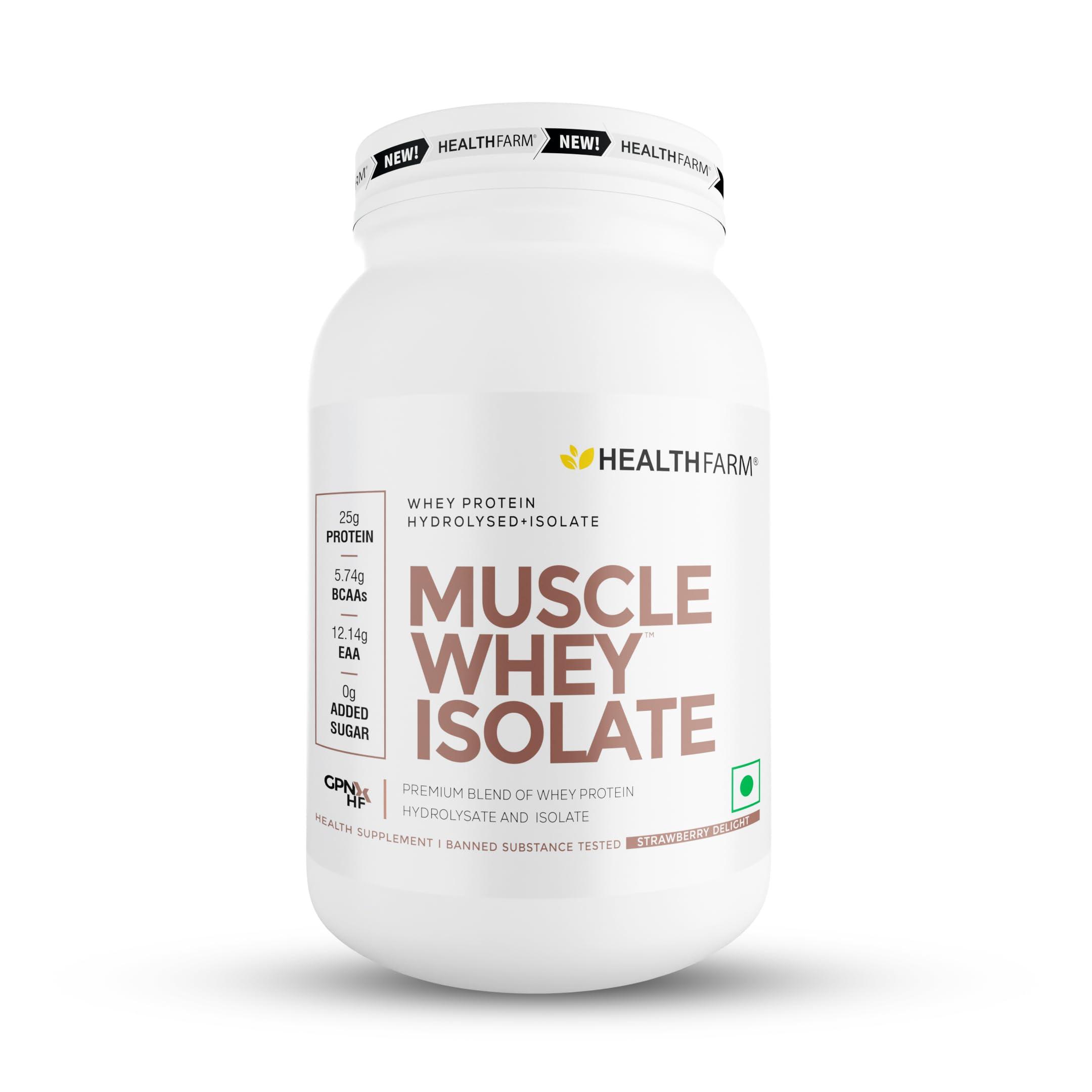 HEALTHFARM Healthfarm Muscle Whey Isolate Protein Powder, 100% Pure Isolate with Lab tested for Purity (Strawberry Delight, 1kg)