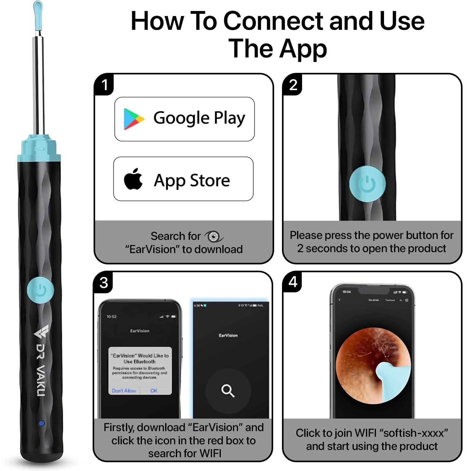 DR VAKU Dr Vaku Earocam Earwax Removal Tool Kit with HD Camera Wifi Connection & 6 LED Lights Endoscope Tool Ear Cleaner for iOS & Android + 10 Silicone Tips Free