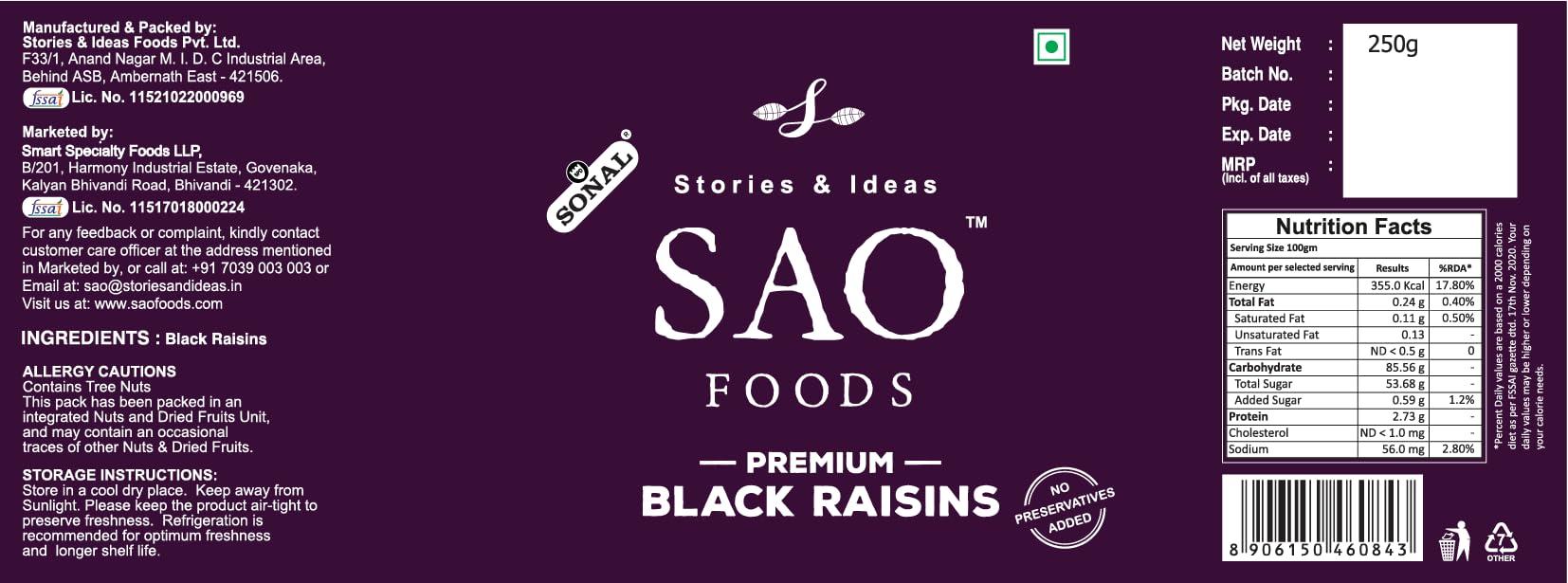 Stories & Ideas SAO Foods Sao Foods Premium Black Raisins 250 gm PET Jar, Naturally Dried, Helps in Digestion, Improves the Immune, High Energy Source, Premium Kishmish, Source of Potassium, Premium Dry Fruits