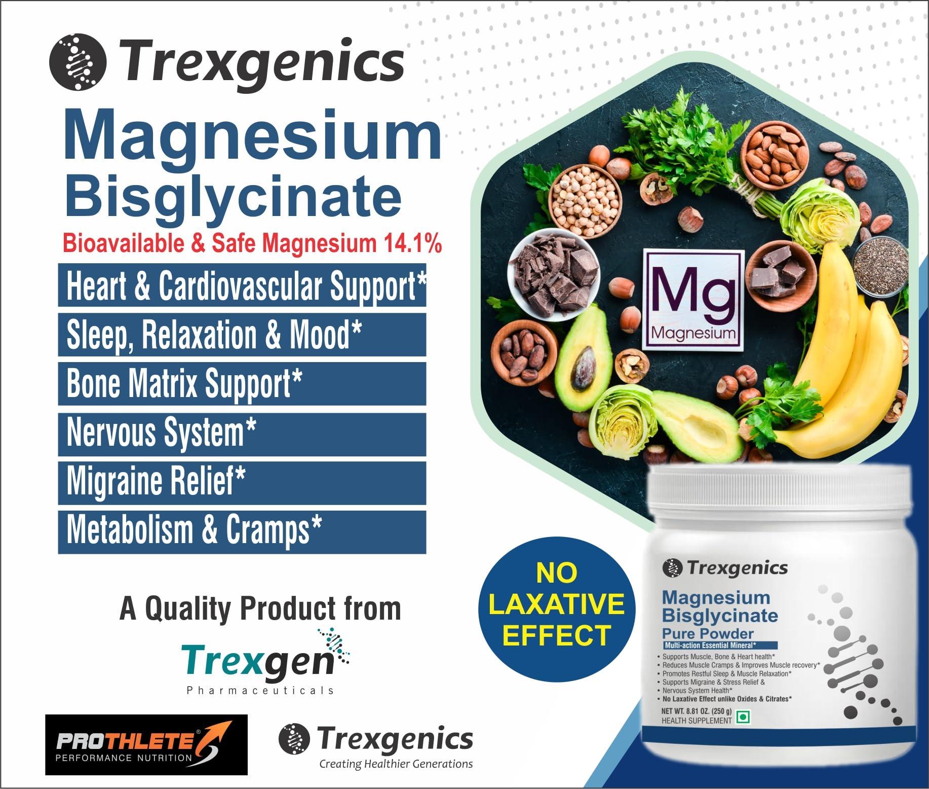 Trexgenics Trexgenics MAGNESIUM BISGLYCINATE PURE POWDER 250 GRAM UNFLAVOURED Heart, Sleep, Bone, Nervous System, Metabolism, Migraine, Relaxation, Stress Support VEGAN & NON GMO (250 gram) (Pack of 1)