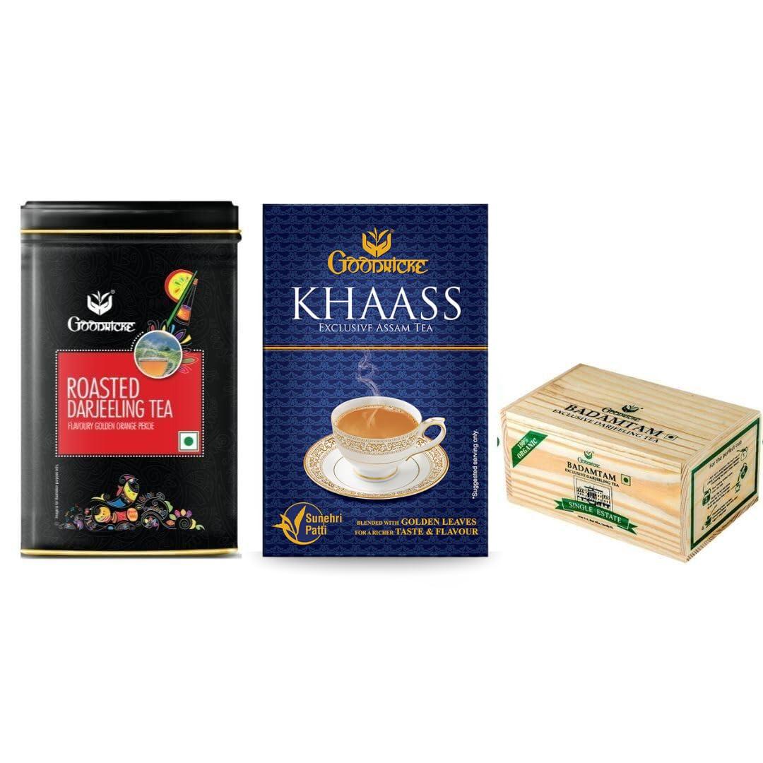 GOODRICKE GOODRICKE Value Pack - Roasted Darjeeling Tea (250g) + Khaass Assam Tea (250g) + Badamtam Premium Organic Darjeeling Tea (250g) | Richer Taste & Flavour