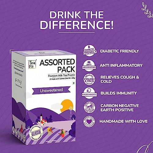 TeaFit TeaFit Premium Zero Sugar Instant Assorted Tea Pack of 24 Sachets (336gm) | Ginger-Cardamom-Masala-Saffron-Lemongrass Instant Milk Tea Premix | Diabetic Friendly | Instant Tea Premix | Tea Powder
