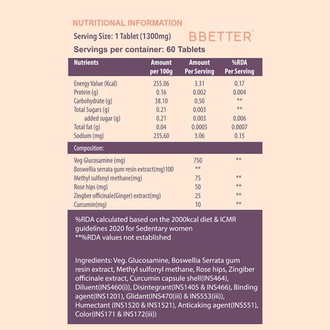 BBETTER BBETTER Joint Support Supplement - 100% Veg Formula with Veg Glucosamine, Boswellia Serrata, Veg MSM, Ginger, Rosehip extract and Curcumin for Women and Men (pack of 3)