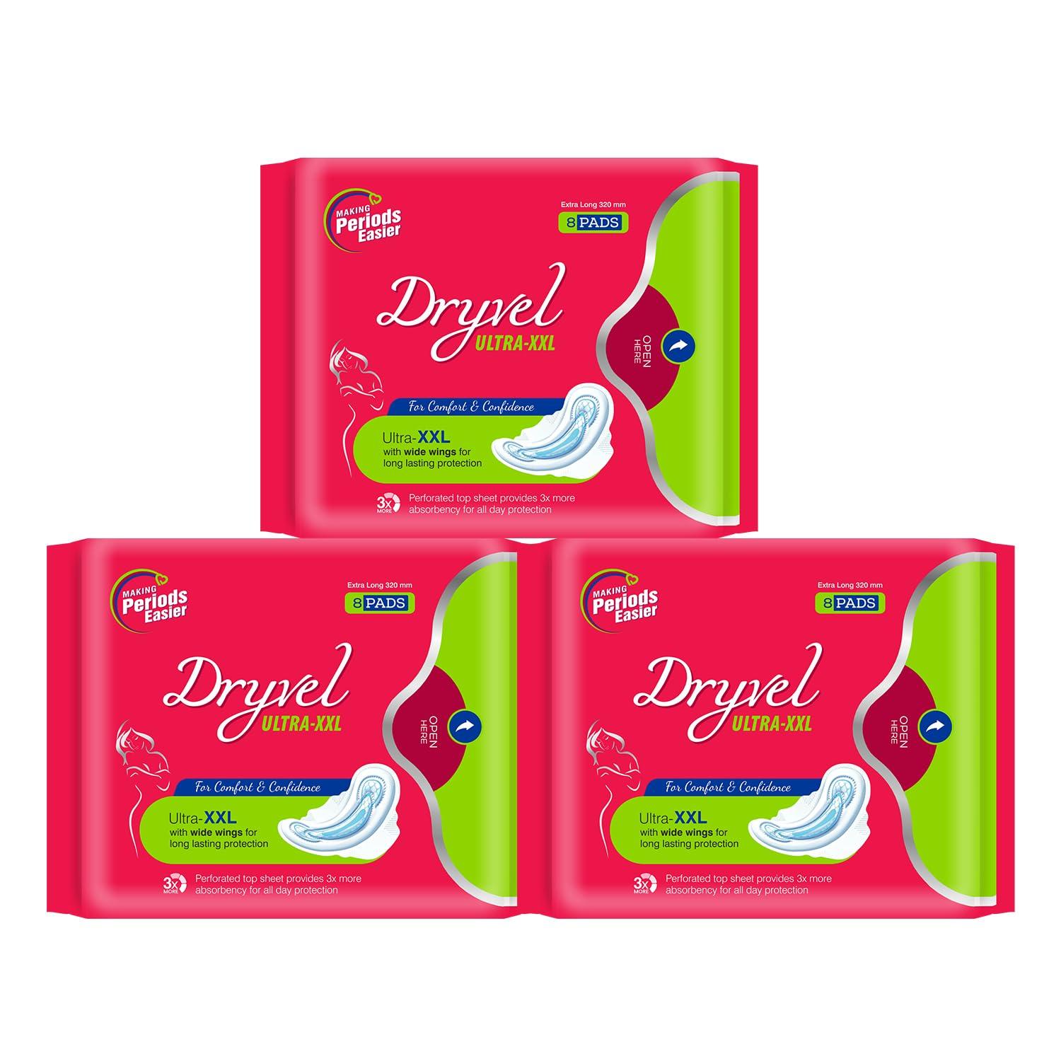 DRYVEL Dryvel Ultra Sanitary Pads | Sanitary Napkins for Women | Sanitary Napkins with Wider Wings | Breathable Cotton Pads Sanitary Napkins | Pee Safe Sanitary Pads Pack of 6 (8 Pads each)