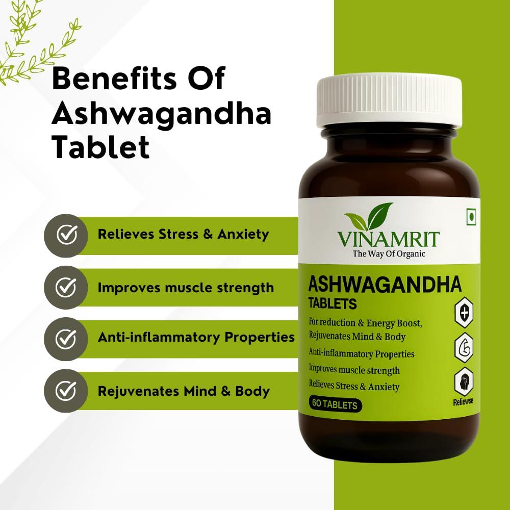 VINAMRIT Vinamrit Ashwagandha (1000 mg) for Stress Relief & Sound Sleep | Pure Root Withania Somnifera Extract | Improves Strength, Stamina and Muscle Recovery | 60 Tablets