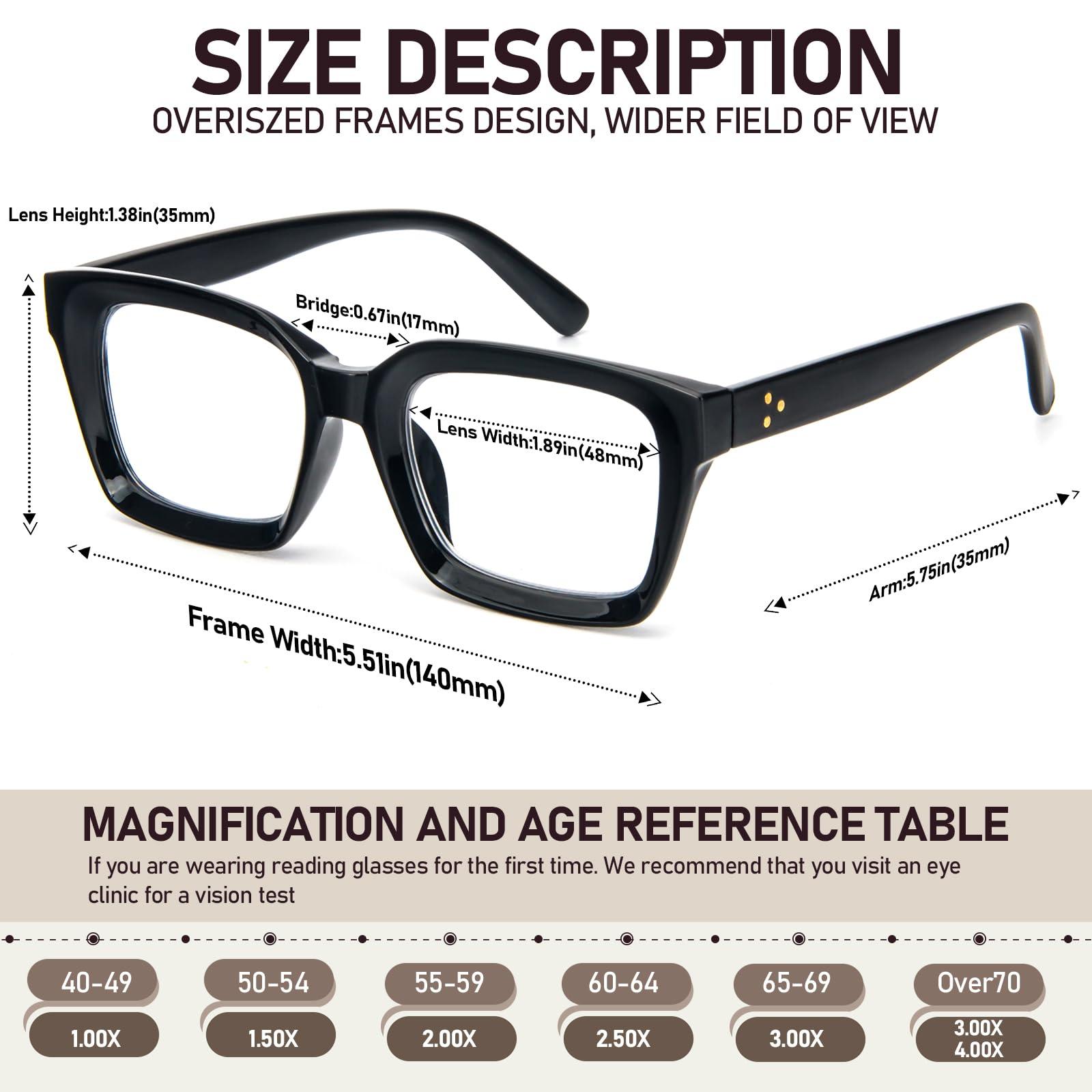 MMOWW MMOWW Rectangular Reading Glasses Oversized Frame Anti Blue Light Reading Glasses Women Men 4 Pair, 4 Pcs, 1.5