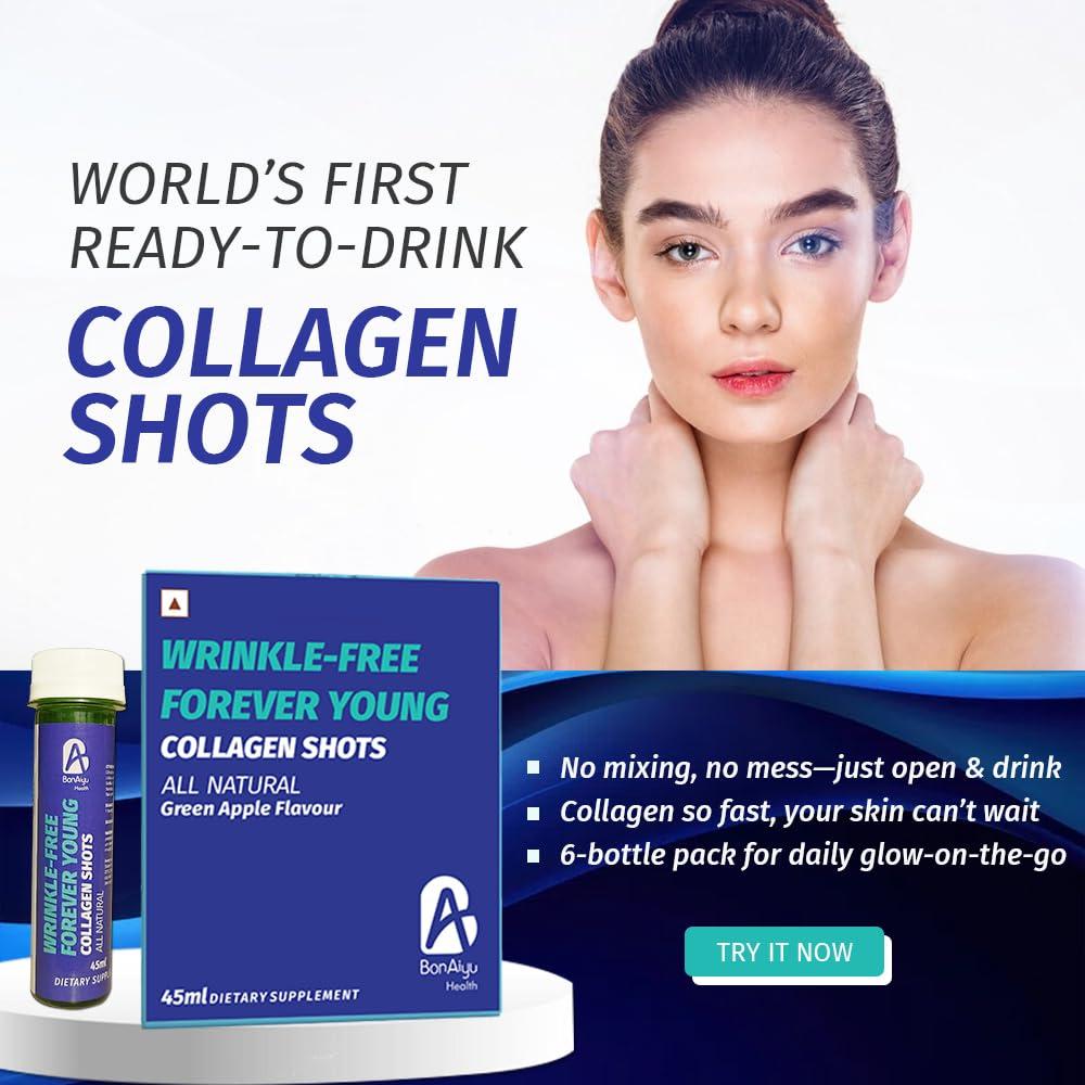 BonAyu BonAiyu WRINKLE-FREE FOREVER YOUNG COLLAGEN SHOTS All Natural (Green Apple Flavour) | With Vitamin C & Biotin | Promotes Healthy & Glowing Skin, Hair & Nails | Sugar Free for Women / Men | 45ml Each (Pack Of 6 Pet Bottles)
