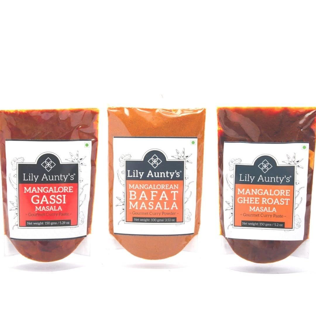 Lily Aunty's Lily Aunty's Mangalorean Bafat Masala and Mangalore Ghee Roast Masala and Mangalore Gassi Masala Combo (100gm+150gm+150gm)