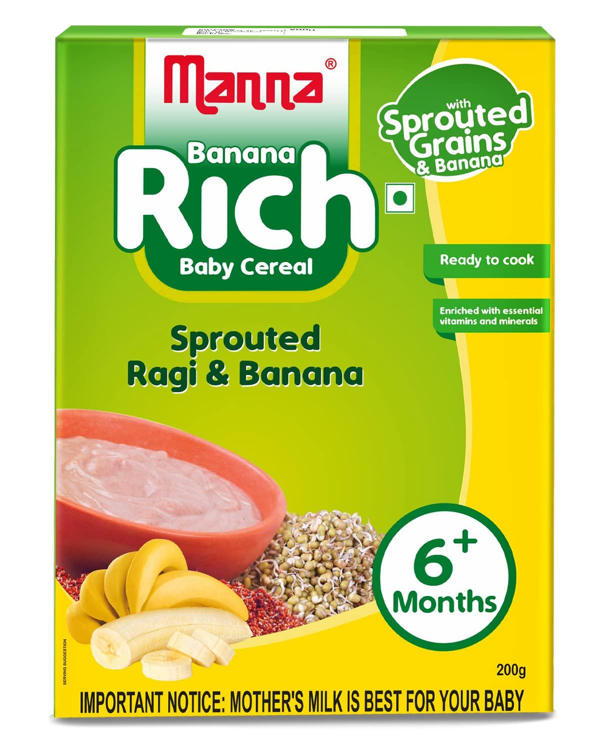 Manna Manna Baby Cereal | Baby Food (6+Months) Sprouted Ragi & Banana Rich | 100% Natural Health Mix -200Gm