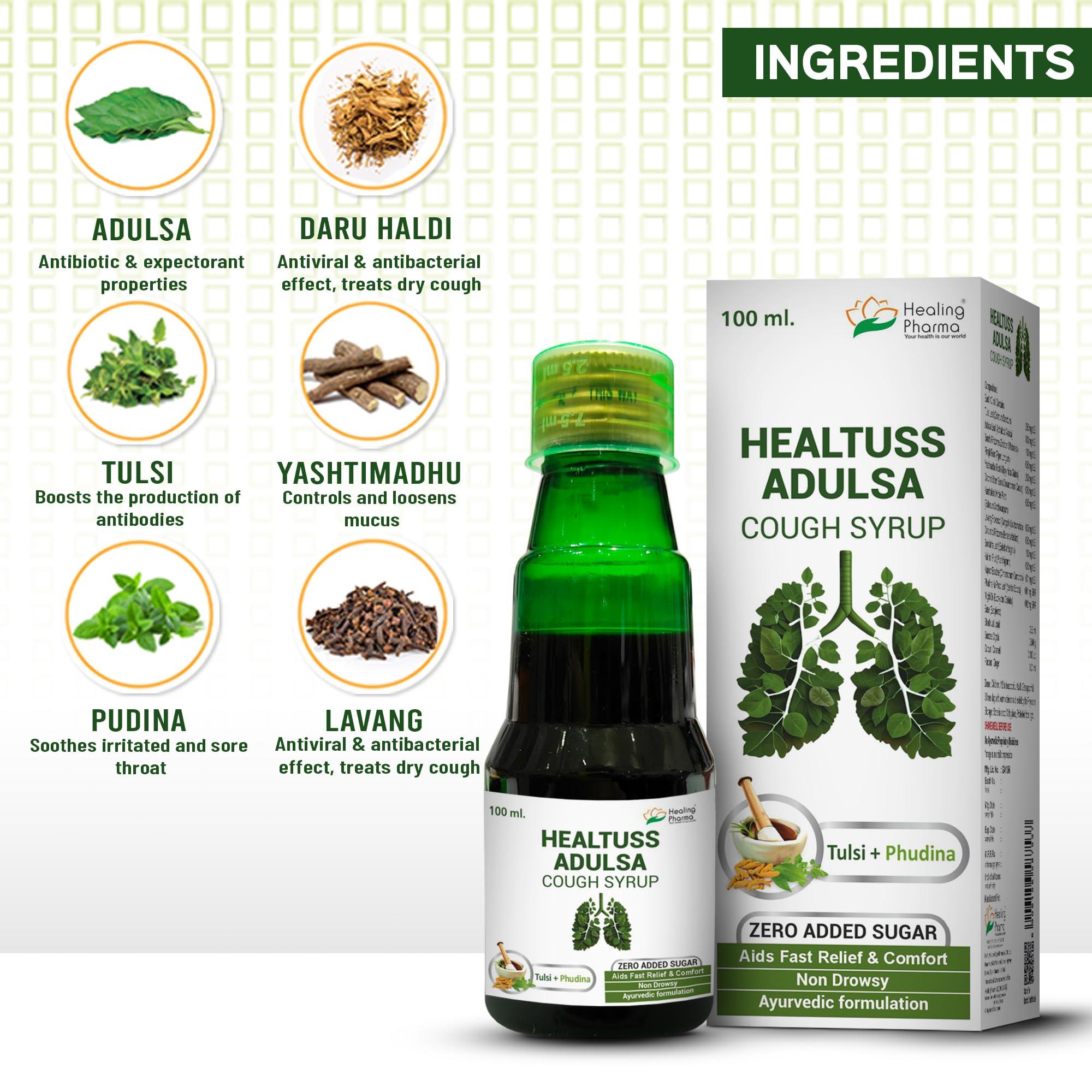 Healing Pharma Healing Pharma - Healtuss Adulsa Cough Syrup Ayurvedic With Tulsi & Phudina | Sugar Free- 100ml x Pack of 3
