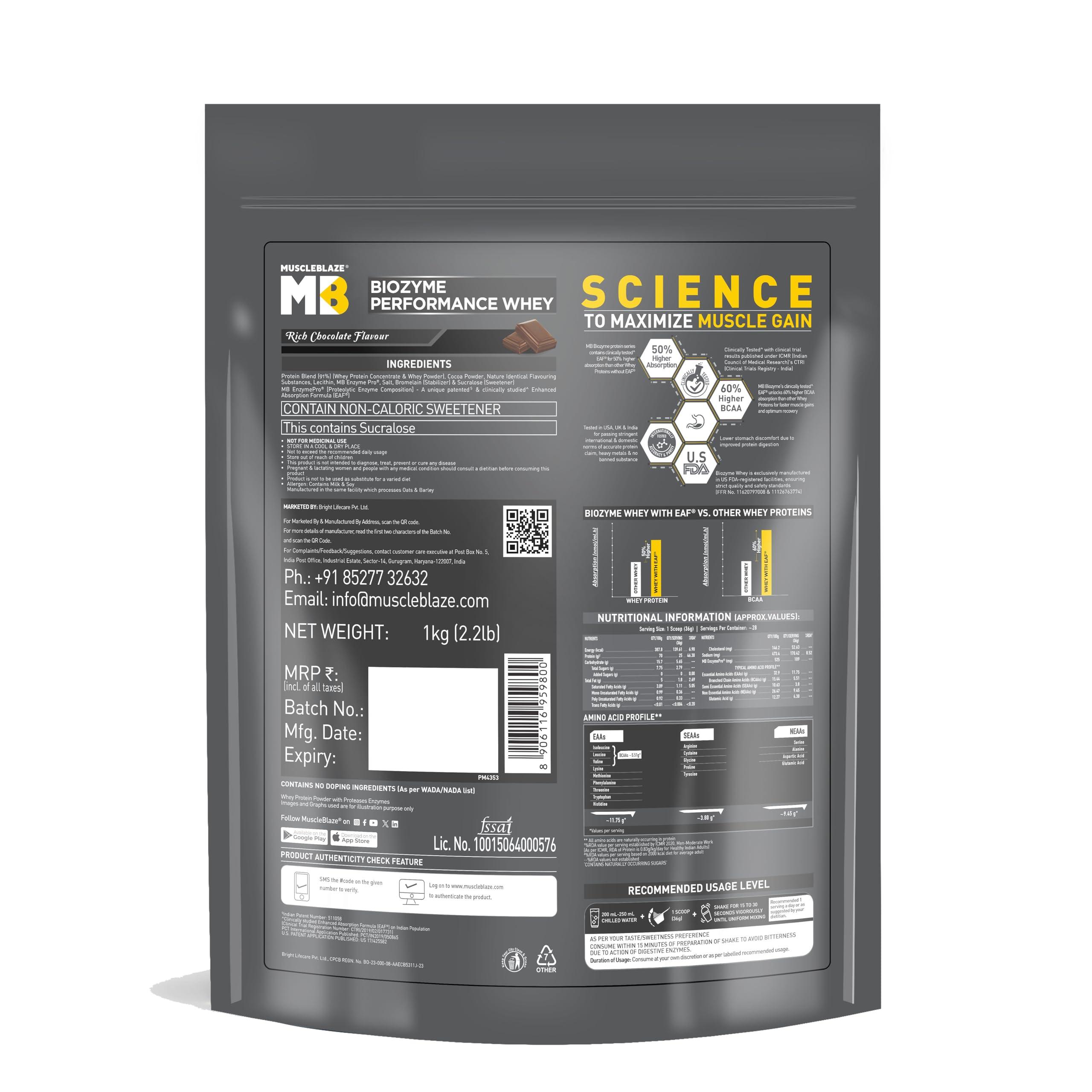 MuscleBlaze MuscleBlaze Biozyme Performance Whey Protein | Clinically Tested 50% Higher Protein Absorption | Informed Choice UK, Labdoor USA Certified & US Patent Filed EAF (Rich Chocolate, 1 kg Refill Pack)