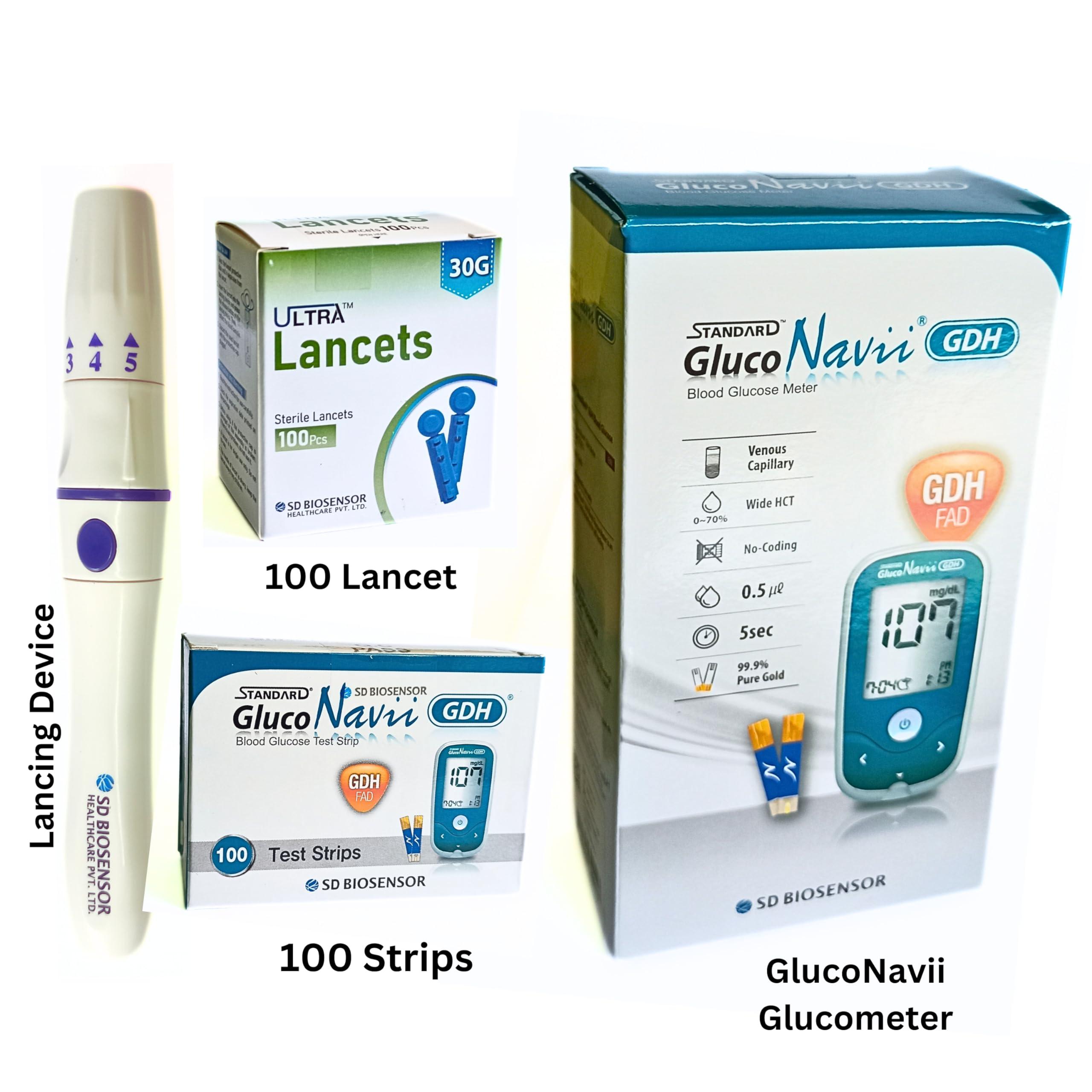 Casio STANDARD Gluco Navii GDH Glucometer with GDH Blood Glucose Monitoring 100 Strips | 100 SD Round Lancets and a Lancing Device/Pricker