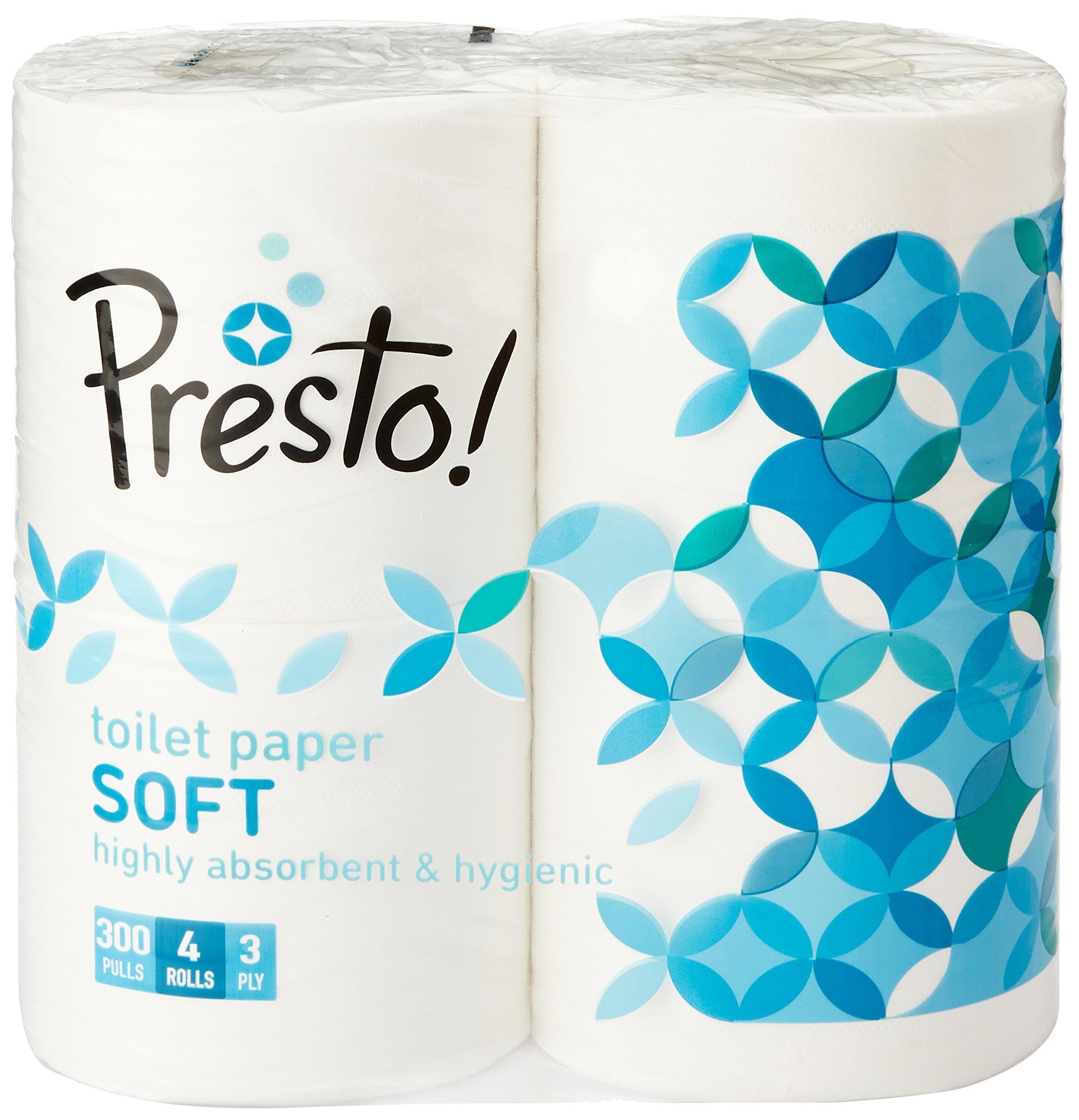 Presto! Presto! 3 Ply Toilet Paper Tissue Roll - 4 Rolls (300 Sheets Per Roll) & 2 Ply Kitchen Tissue/Towel Paper Roll - 2 Rolls & Amazon Brand - Presto! Hygienic Flush Tabs, Aqua Fresh - 50 g (Pack of 6)