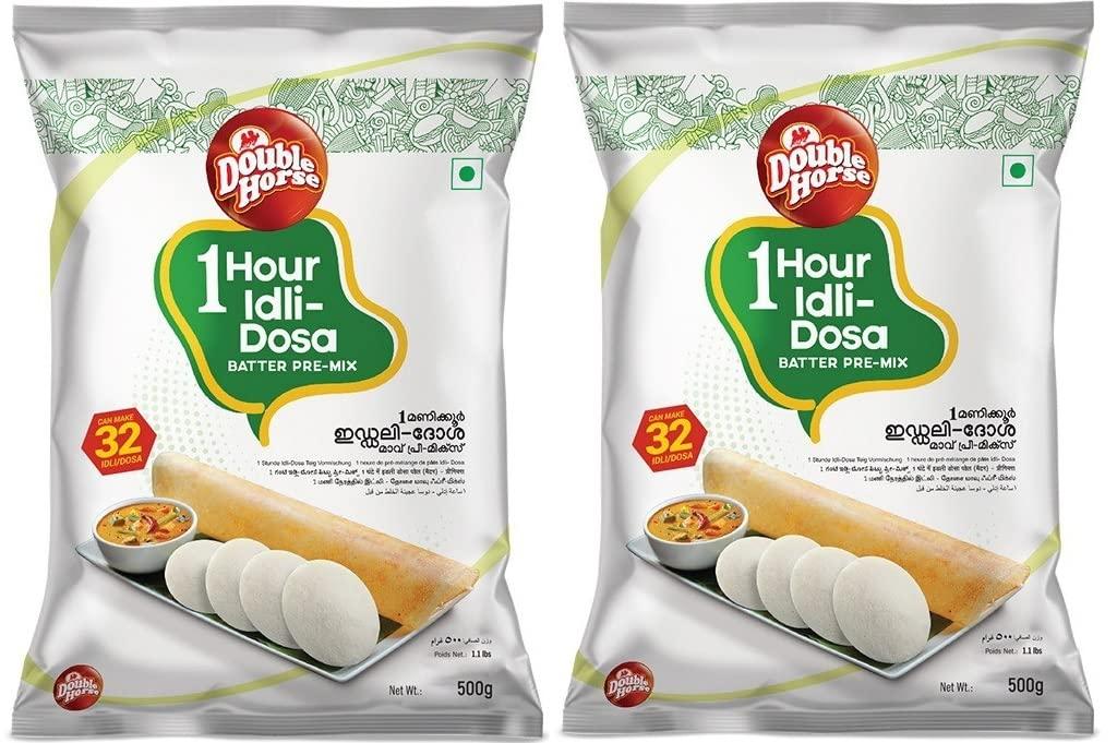 Double Horse Double Horse One Hour Idli/Dosa Batter Pre-Mix 500g x Pack of 2 | Traditional Kerala Breakfast| Instant Breakfast Mix | One Hour Fermentation|Ready To Cook Mix