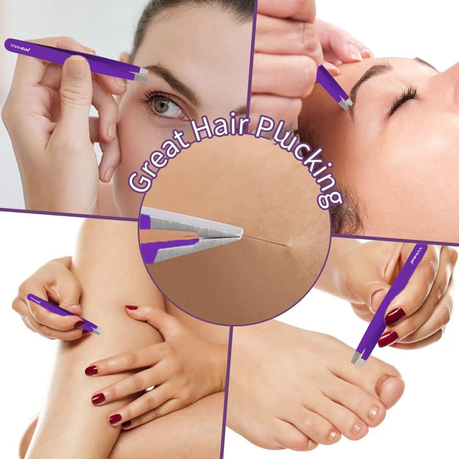 PROMAX Promax Care EyeBrow 4-piece Tweezers Set;-for Eyebrow Plucking, Ingrown Hair -Best for Eyebrow Hair, Facial Hair Removal,Splinter - Stainless Steel Precision Sharp- Pointy Ends Meet Perfectly (Purple)